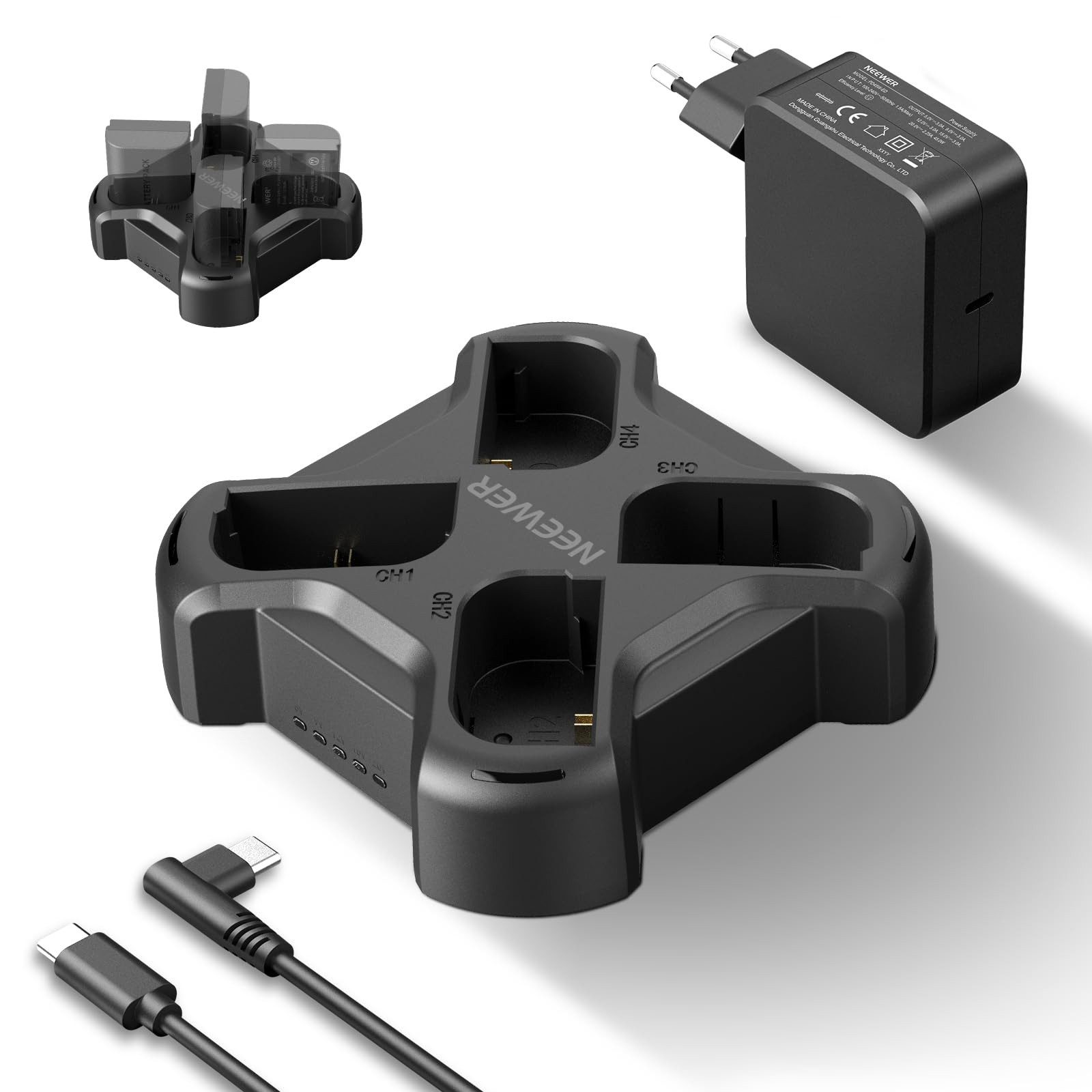 Neewer 4 Kanal USB Kamera Akku Ladegerät für LP-E6/LP-E6N Battery Charger Batterie-Ladegerät (Packung, 1-tlg., PD 45W Schnellladung mit PD 45W Charger, für Canon EOS R5 6D 5D, NW-P4)