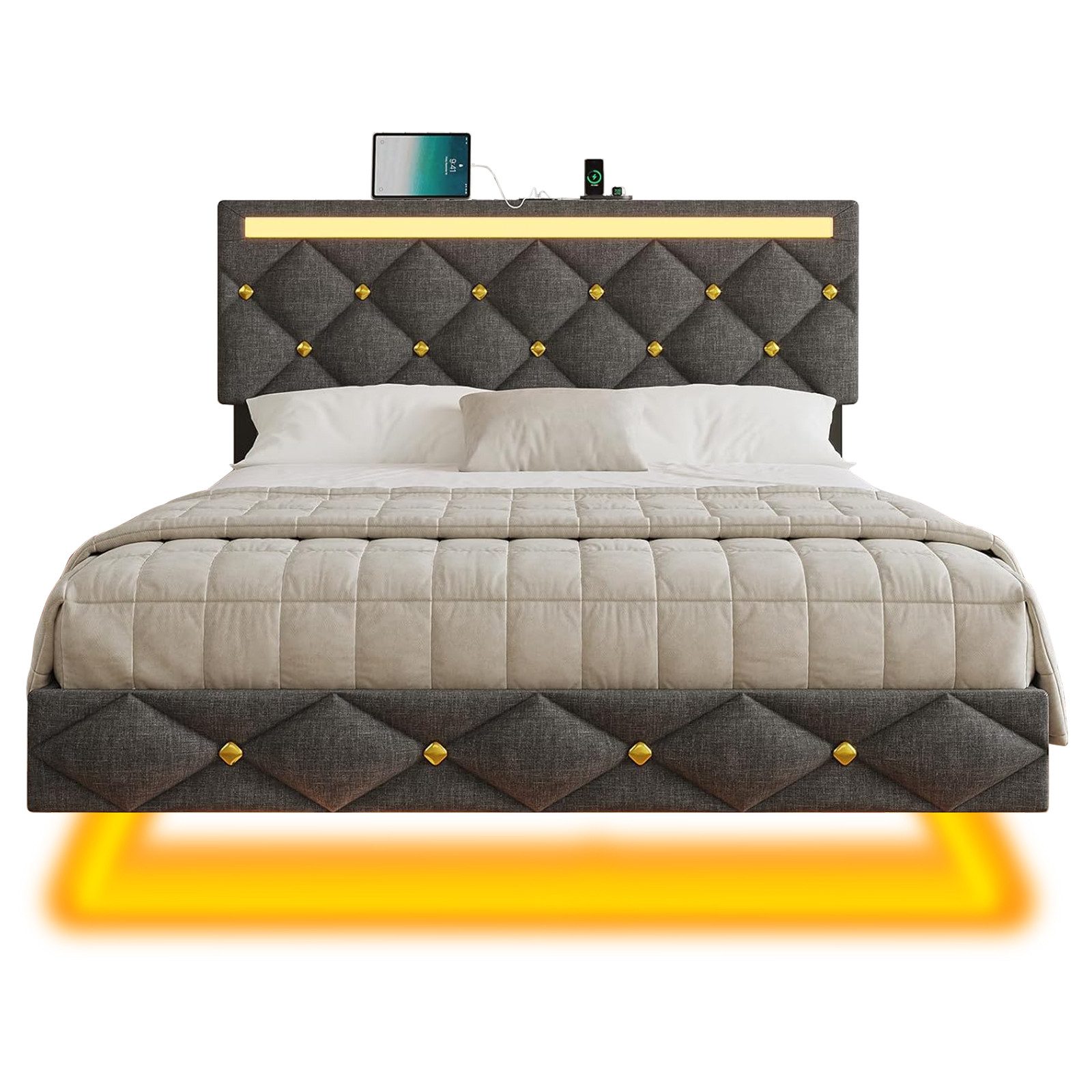 MSMASK Polsterbett mit USB-Aufladen und LED-Beleuchtung, Grauem Leinen (Ohn günstig online kaufen