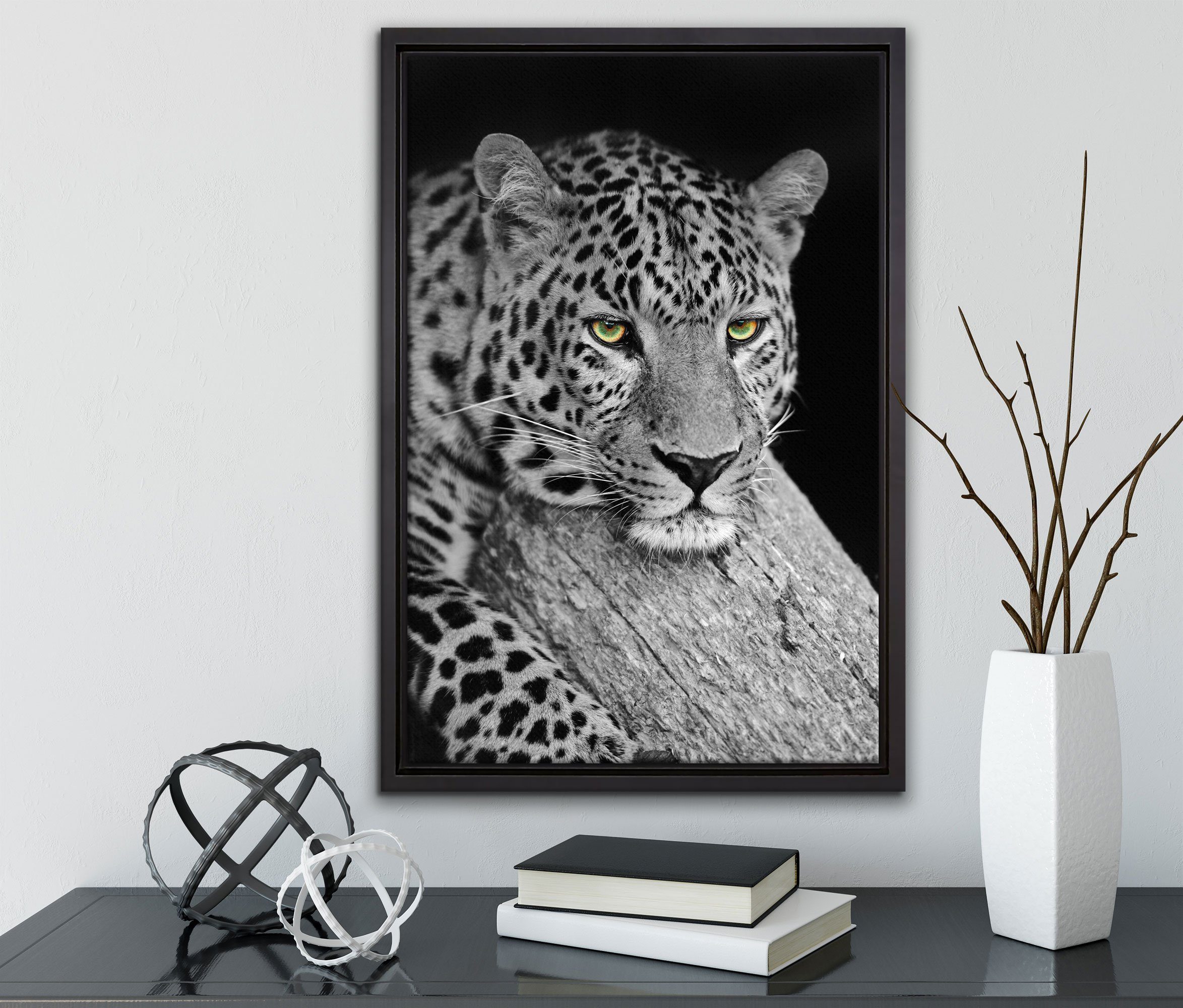 gefasst, in Schattenfugen-Bilderrahmen bespannt, Zackenaufhänger Pixxprint St), Wanddekoration Leopard, fertig Leinwandbild (1 inkl. einem ruhender Leinwandbild
