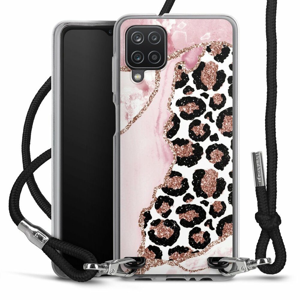 DeinDesign Handyhülle Leopard Glitzer Look Marmor Patterns and Textures Smooth Pink, Samsung Galaxy A12 Handykette Hülle mit Band Case zum Umhängen