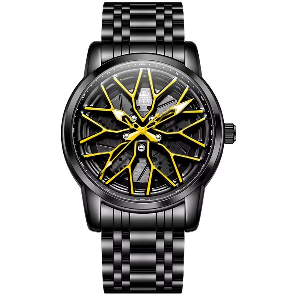 OLEVS Quarzuhr Felgenuhr Olevs Motorsport Herren Armbanduhr im 3D Felgendesign Gelb 3701