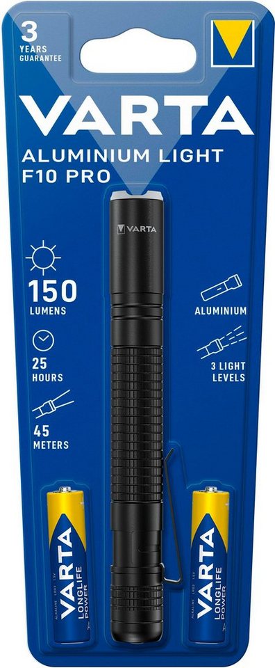 VARTA Taschenlampe Aluminium Light F10 Pro (1-St), Eloxiertes  Aluminiumgehäuse, strukturierte Gehäuseoberfläche für maximalen Grip