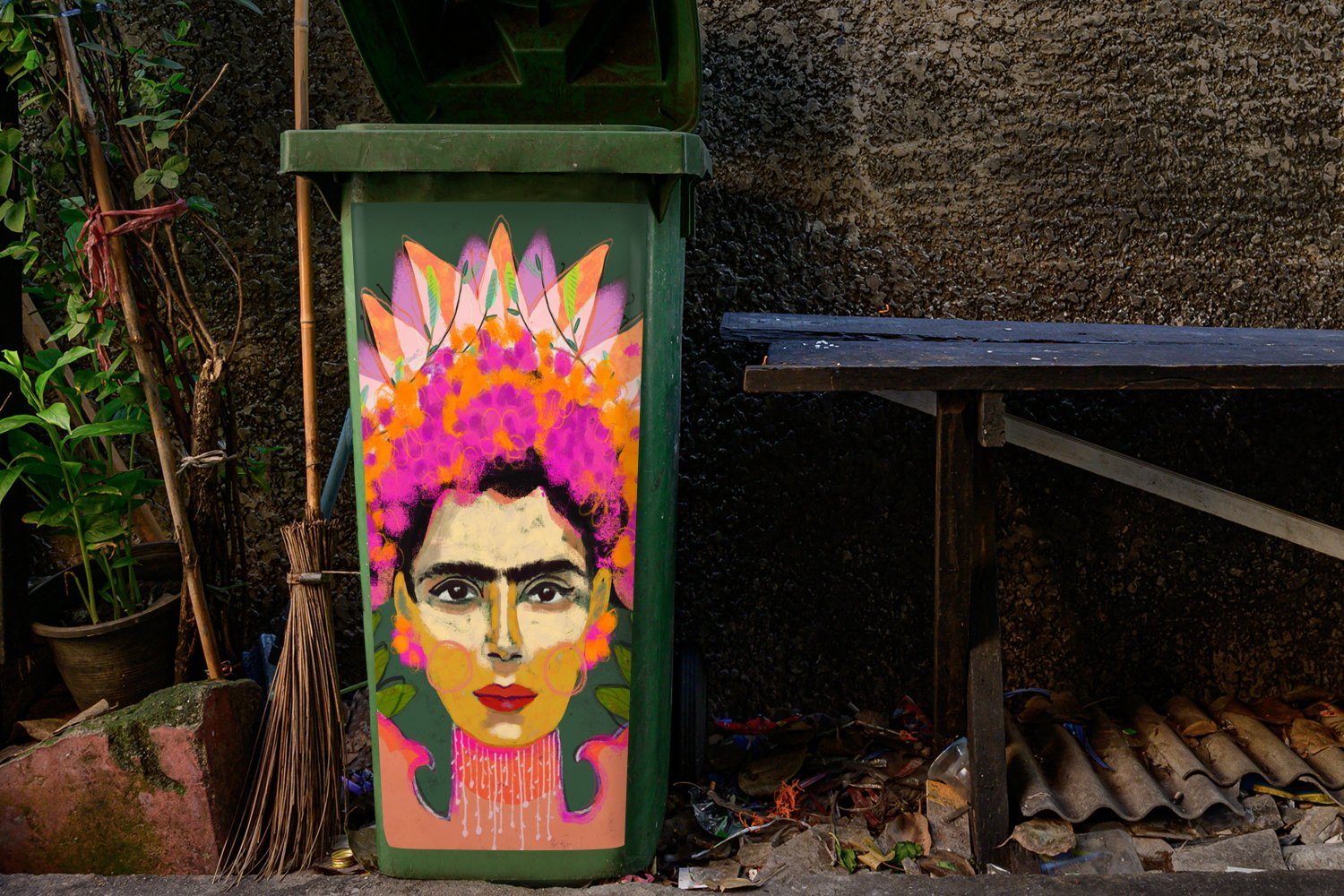 MuchoWow Wandsticker Farben - (1 Porträt Container, Frau - Sticker, Abfalbehälter St), Mülltonne, Rosa - Mülleimer-aufkleber