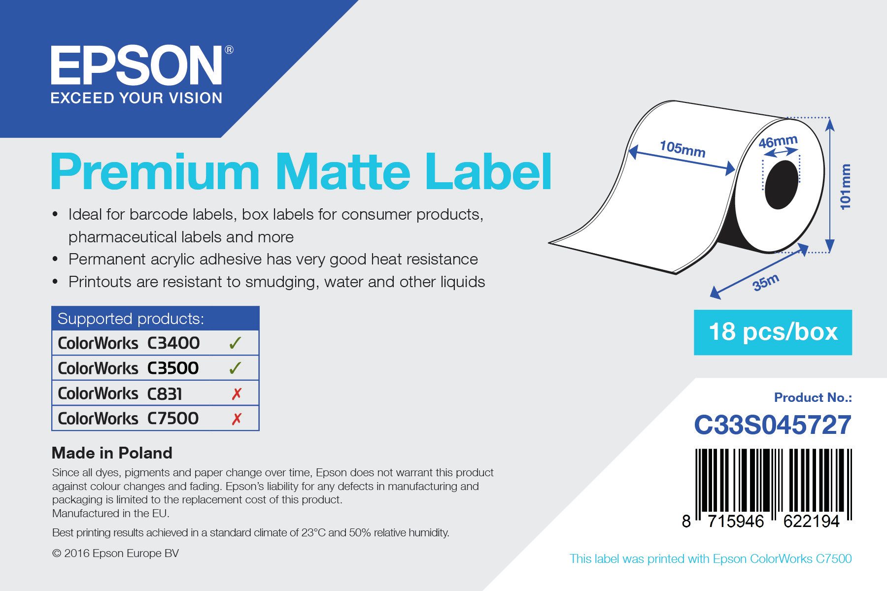 Epson Etikettenrolle 105mm 35 Meter weiss matt Tintenpatrone