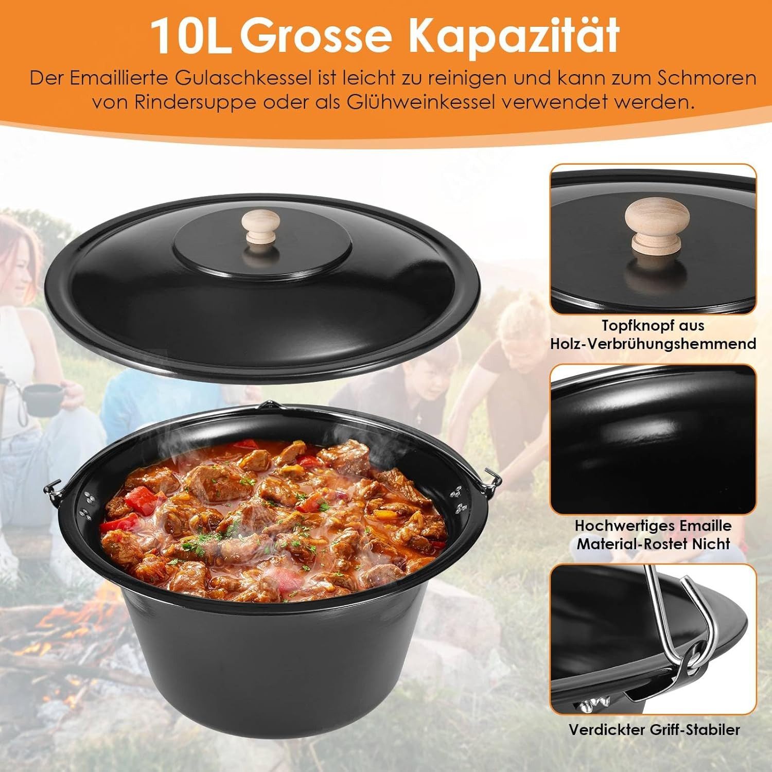 TLGREEN Holzkohlegrill Kesselgulasch Topf, 10L/15L/30L, Gulaschkessel mit Dreibein, Kettenhöhenverstellung, Kesselgulasch Topf Set, für Picknick – Bild 5 von 5