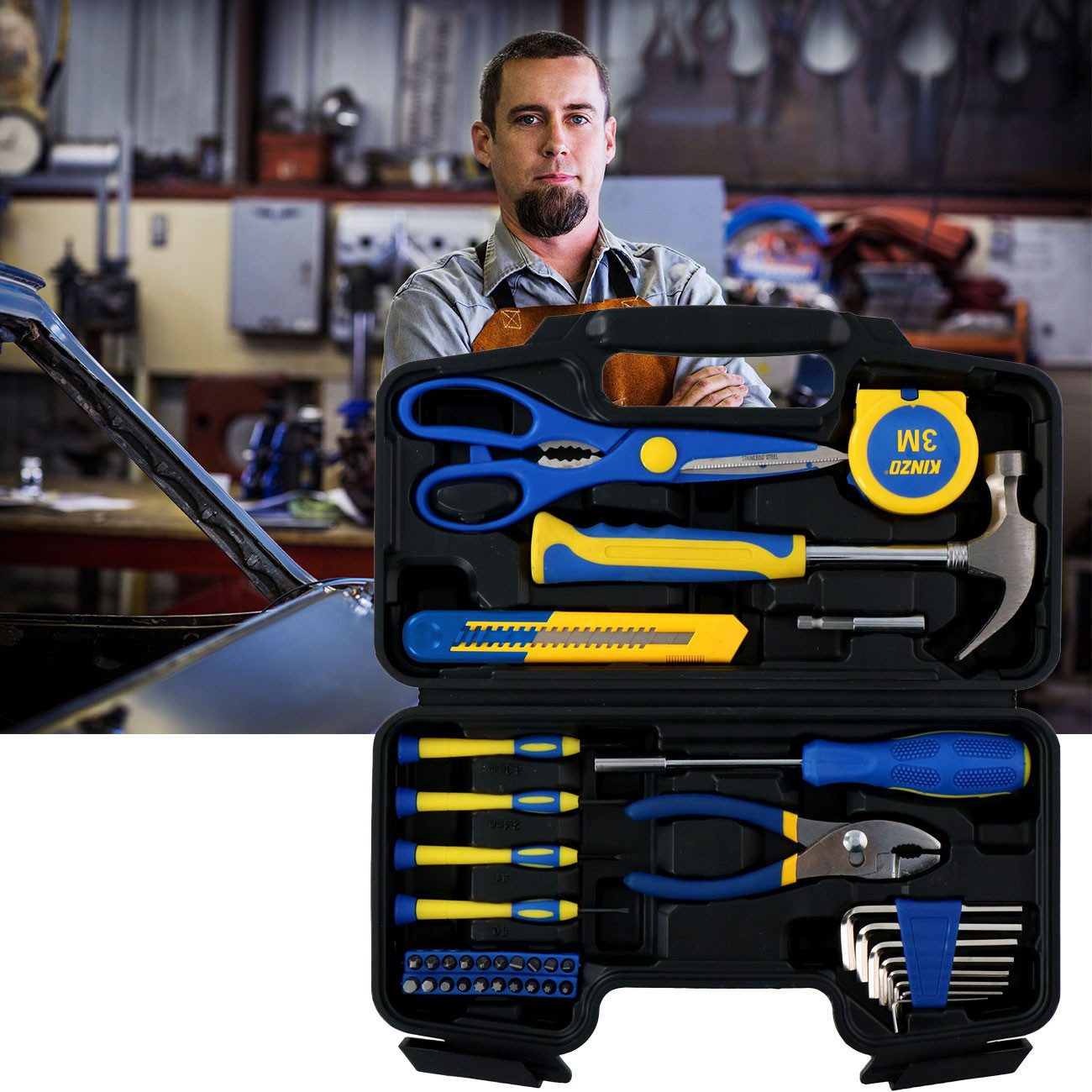 Kinzo Werkzeugkoffer 39-tlg Werkzeugkoffer universal, Zange, Bits & Schlüssel aus Stahl (39 tlg.-Set), 39-teiliges Werkzeug-Set im robusten Kunststoffkoffer für den Haushalt