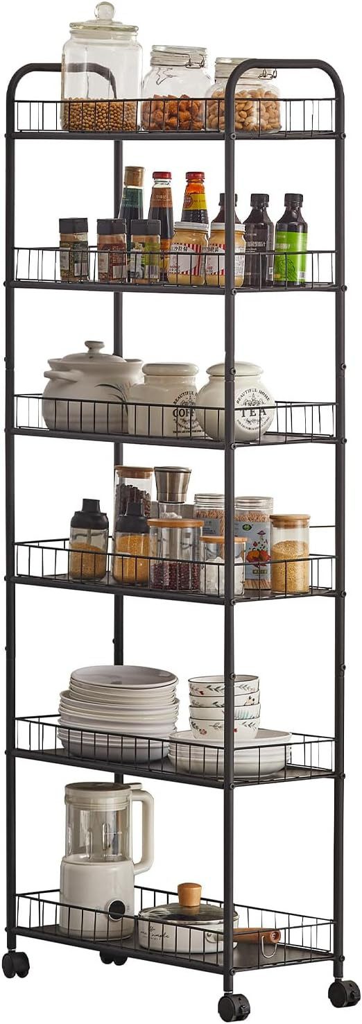 GarveeMore Küchenregal 6-stufiger mit Rollen und Körben,25,4x58x155cm, Dünn günstig online kaufen