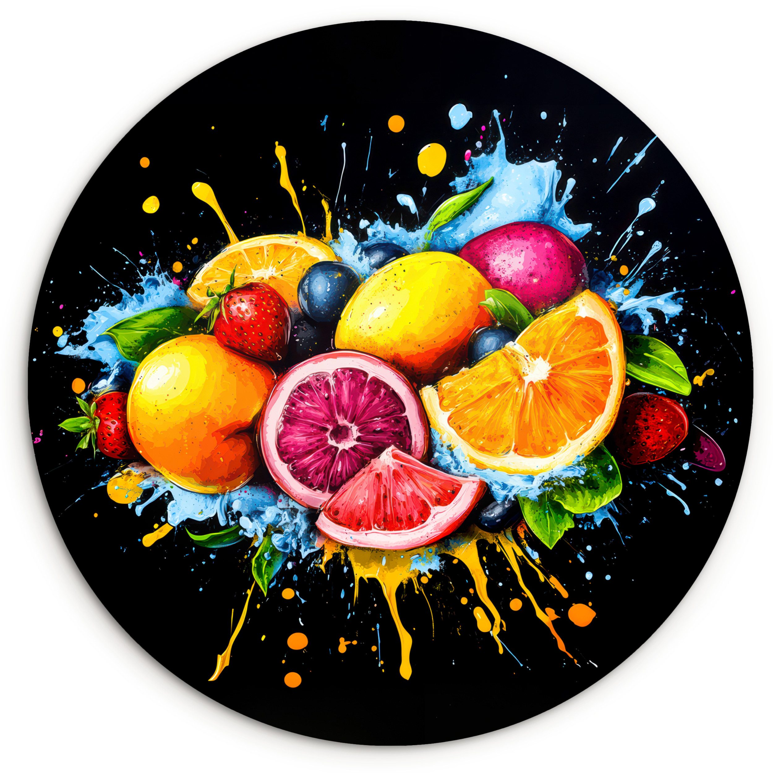MuchoWow Gemälde Obst - Graffiti - Bunt - Orange - Erdbeere - Abstrakt, Fotodruck (1 St), Kreis Wanddekoration, Rundes Wandbild, 30x30 cm