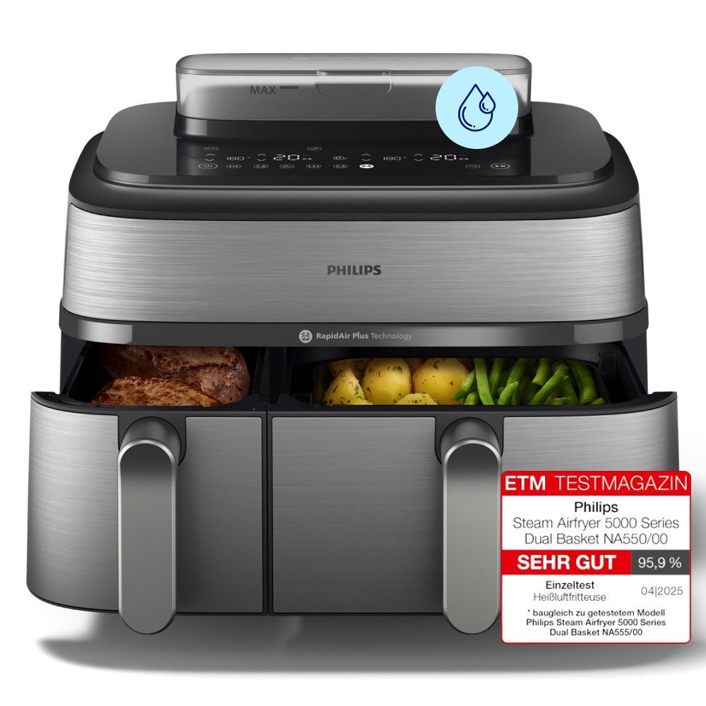 Philips Heißluftfritteuse NA555/00 Steam Airfryer 5000 Series Dual Basket, 9L Kapazität (3L+6L), 2750 W, mit Dampfgar-Funktion, Silber/Edelstahl