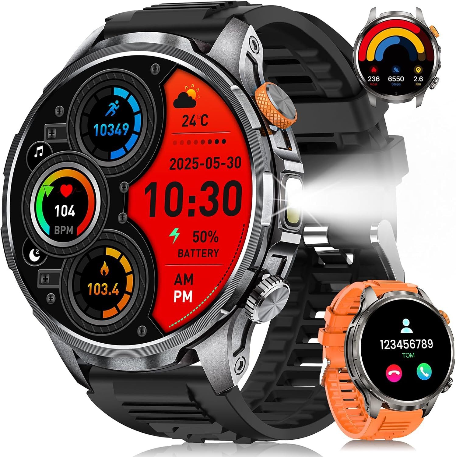 BANLVS Herren Militär, 1000mAH Akku Telefonfunktion, 5 ATM Wasserdicht Smartwatch (1,91 Zoll, Android/iOS), mit LED Taschenlampe 110+ Sportmodi/SpO2/Herzfrequenz/Schlafmonitor