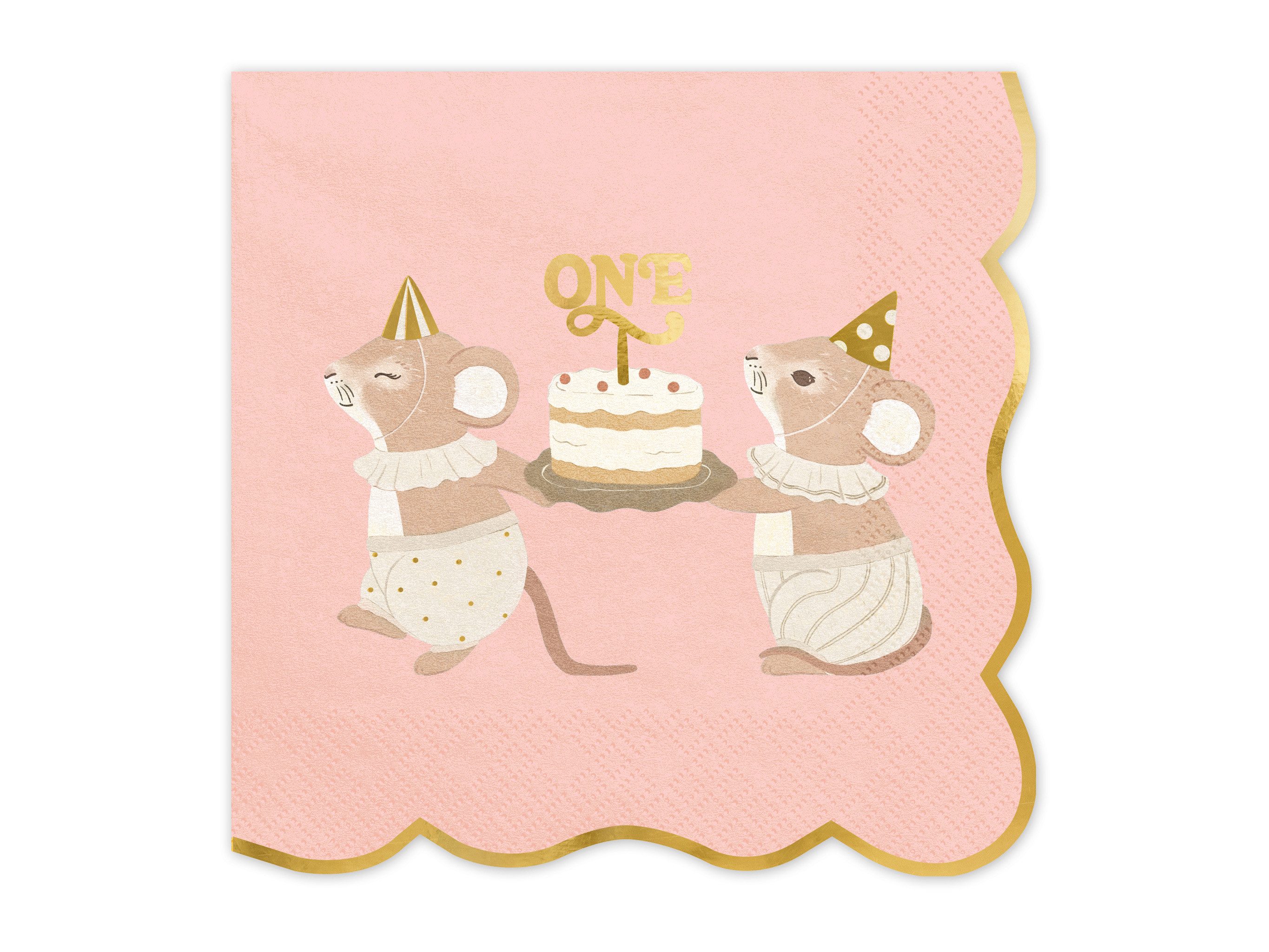 partydeco Papierserviette, Servietten Papier 33x33cm 2-lagig 12 Stück ONE mit Mäusen Rosa / Gold