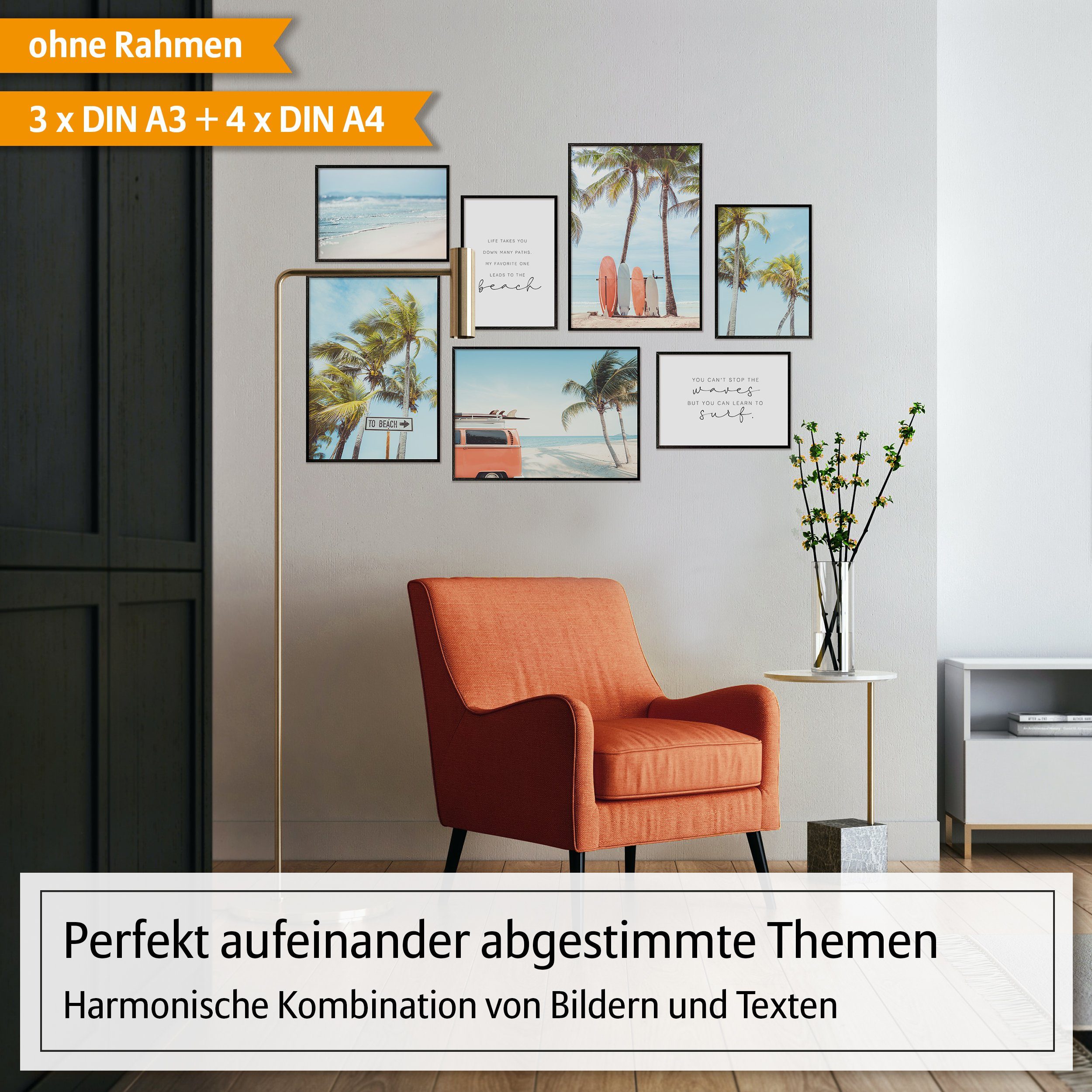 Hyggelig Home Poster Beach Vibes, Premium Poster Set OHNE & MIT Rahmen - Wandbilder Surfing, Strand (Set, 7 St), Collage Palmen, Qualitätsdruck auf dickem Papier