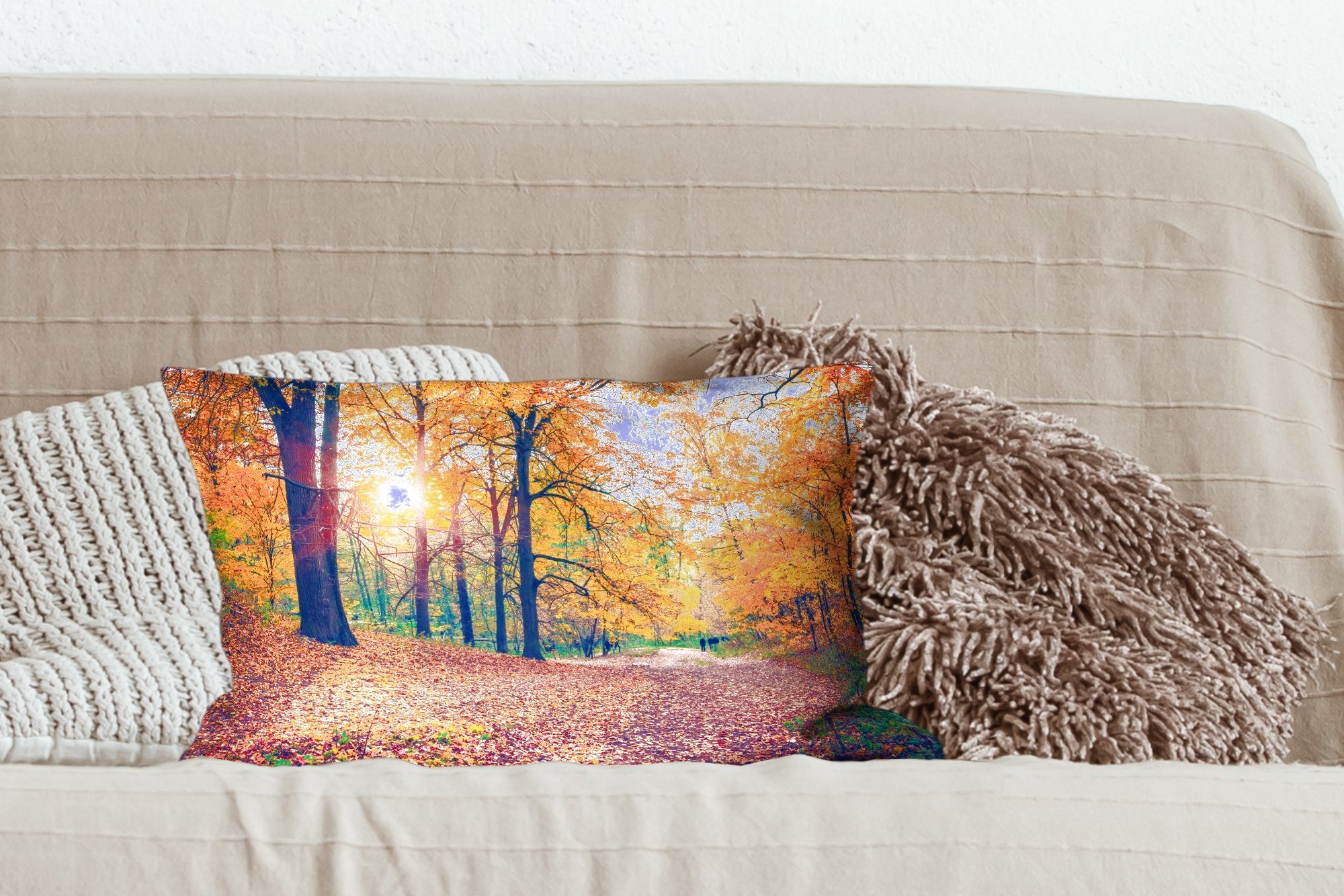 Füllung, Dekoration, Dekokissen Wald Herbst MuchoWow - Bäume Wohzimmer - Dekokissen - Schlafzimmer mit Herbstliche Blätter, Zierkissen,