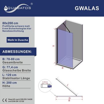 AQUABATOS Walk-in-Dusche Walk in Duche schwarz Duschtrennwand Glasduschwand Duschabtrennung, 8 mm starkes Einscheibensicherheitsglas mit Nanobeschichtung inkl. verstellbarer Winkel Stabilisationsbügel, Breite wählbar 80 90 100 110 120 cm