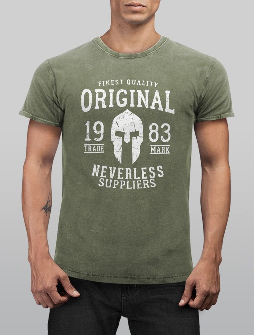 Slim mit Neverless® T-Shirt Angesagtes Print-Shirt Original Fit Aufdruck Neverless Print Cooles oliv Shirt Vintage Gladiator Look Used Herren