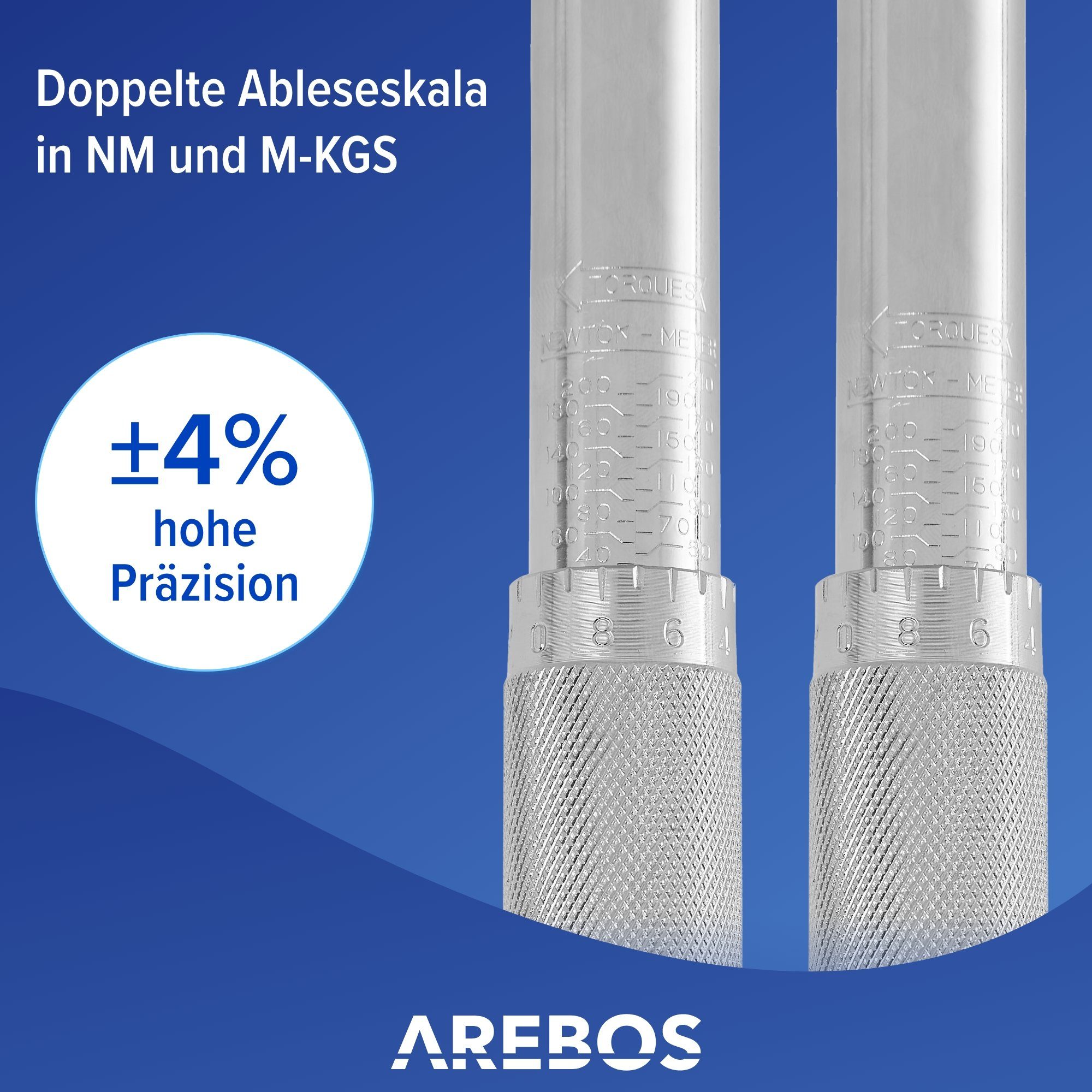 Arebos Precision Torque Wrench Socket Set 40–210 Nm, incl. Case & Accessories, 6-Piece Set, Ideal for DIY enthusiasts, car mechanics, bicycle and motorcycle maintenance.