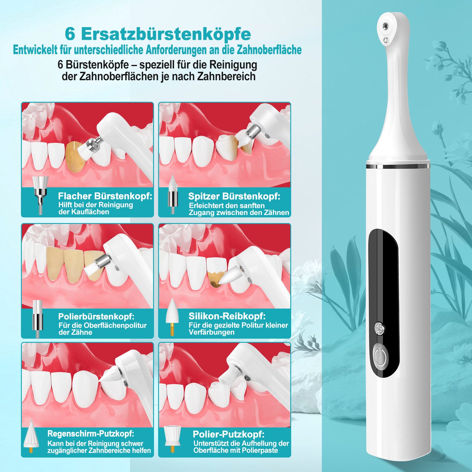 COOL-i ® Mundpflegecenter Zahnpolierer Set mit LED & 5 Modi& 6 Köpfen, Für kosmetische Zahnpflege, sanftes Aufhellen & frischen Atem