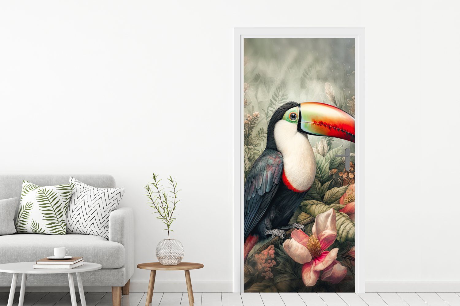 Tukan (1 Vögel für bedruckt, - - - Türaufkleber, Tropisch, Türtapete Matt, Tür, MuchoWow cm - Fototapete 75x205 Pflanzen Blumen St),