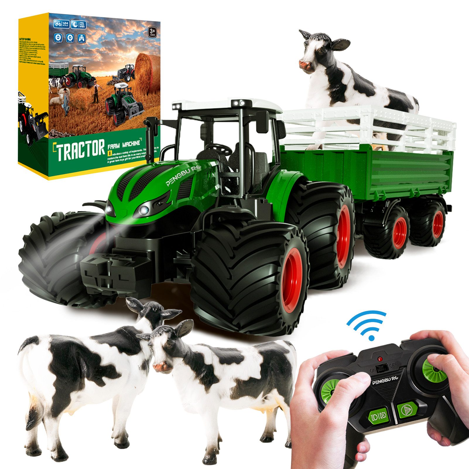 RC-Traktor Ferngesteuerter Traktor mit Anhänger, Traktor Spielzeug ab 3 4 5 Jahre