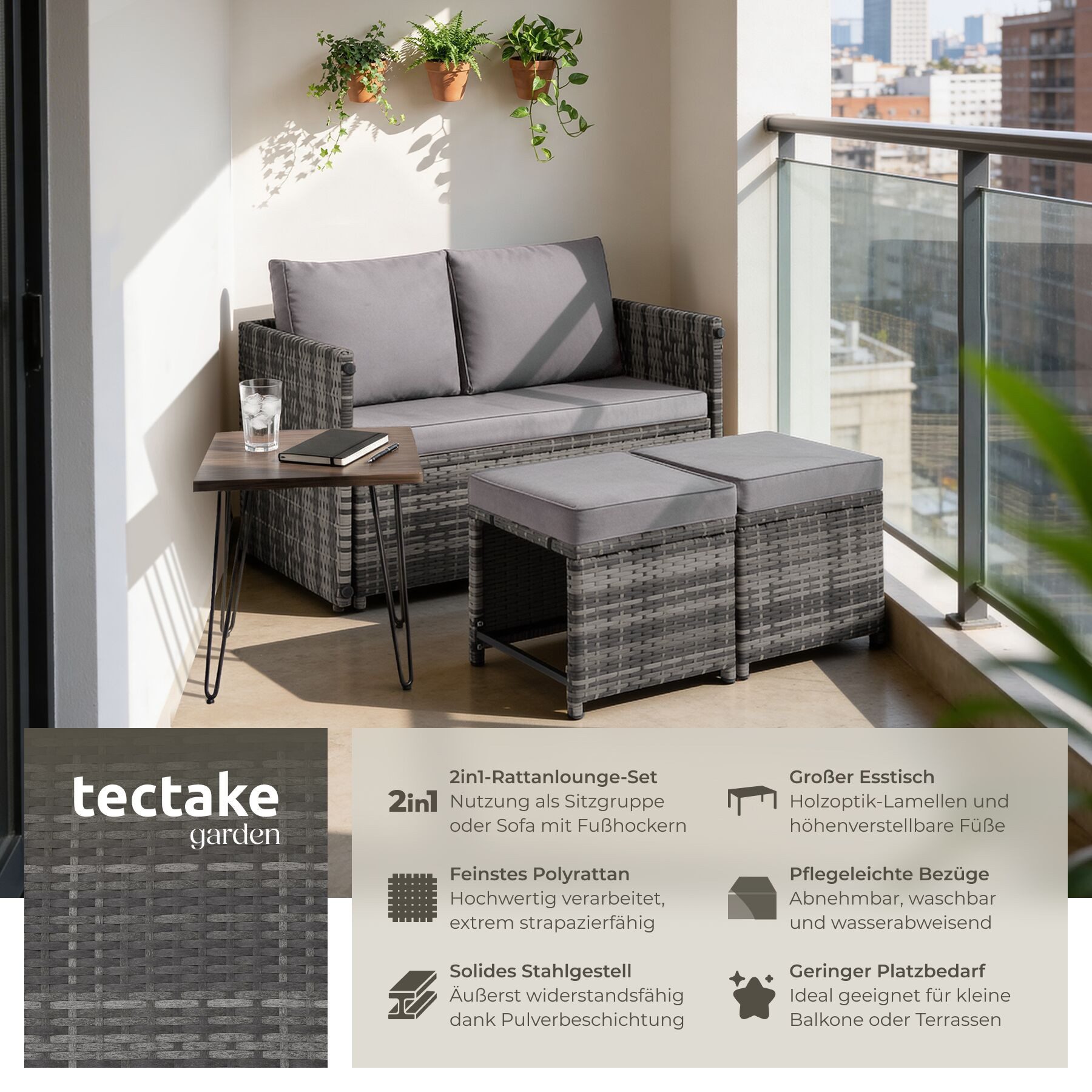 tectake Sitzgruppe 2-in-1-Rattanlounge-Set, höhenverstellbare Tischfüße, (Rattansitzmöbel Monopoli, 3-tlg., Holzoptik in grau), Tisch mit Lamellen, Belastbarkeit Bank 250 kg, Tisch 100 kg