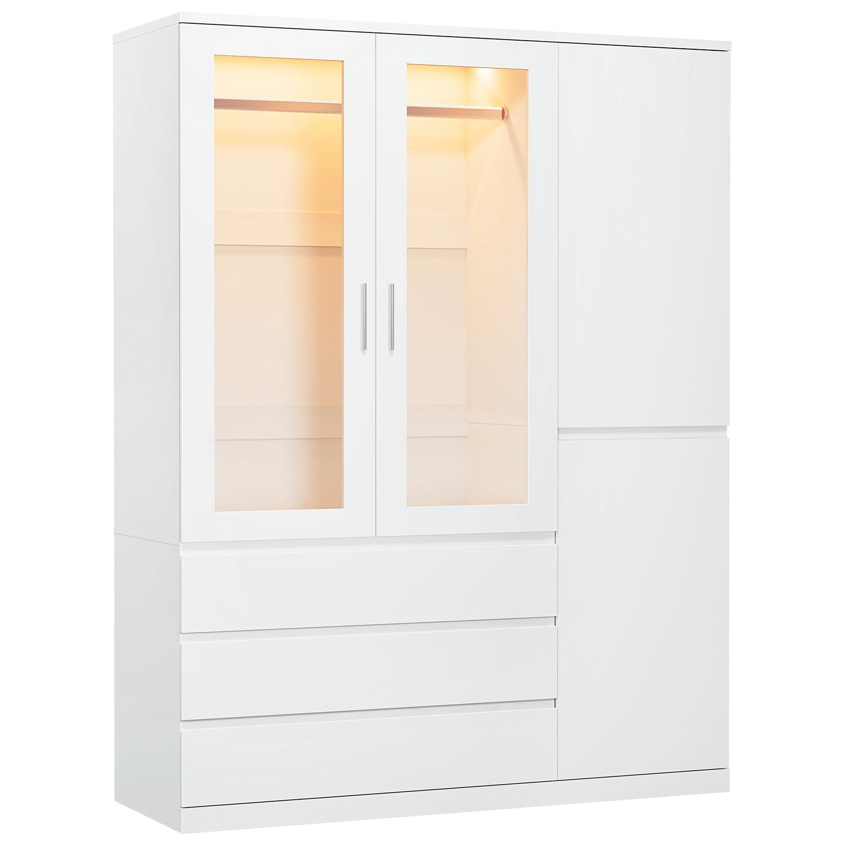 Dripex Kleiderschrank Großer Kleiderschrank Weiß Acryl 4-türig, 3 Schubl., LED-120x48x180 cm