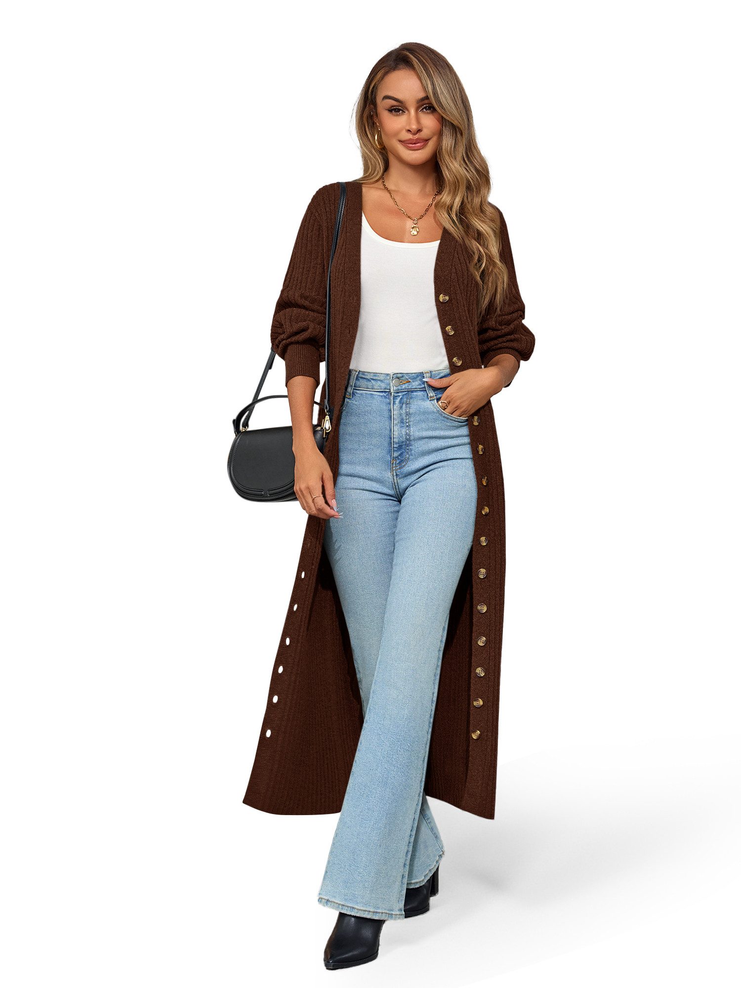 Imily Bela Cardigan Damen Lange Strickjacke mit V-Ausschnitt (Packung, 1-tlg., 1per-Pack) Rippbündchen