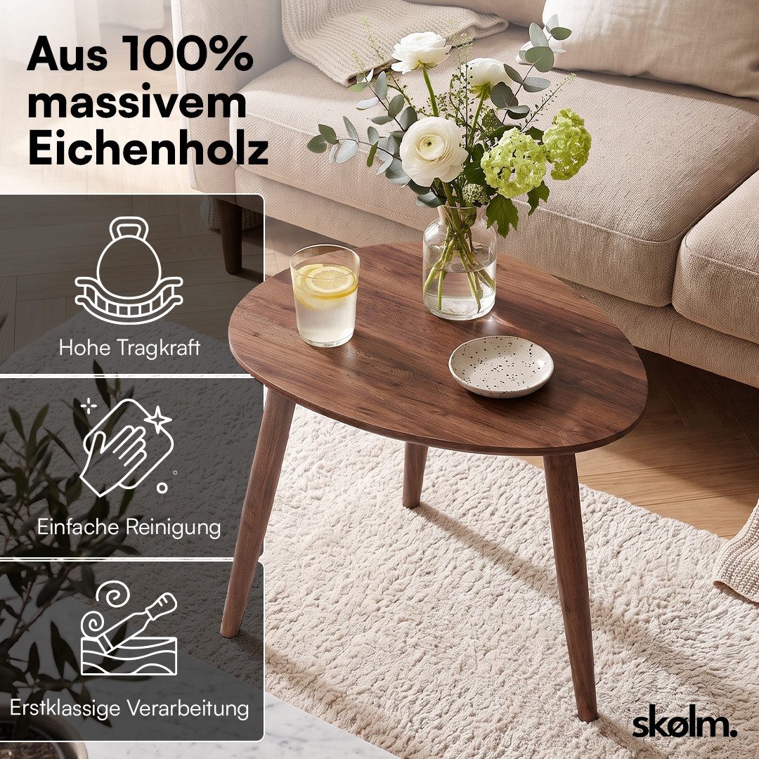 skølm Couchtisch Lodur aus Eiche Massivholz, Holztisch mit 3 Tischbeinen für Wohnzimmer, Wohnzimmertisch 55x38x45 cm, ovale Tischplatte