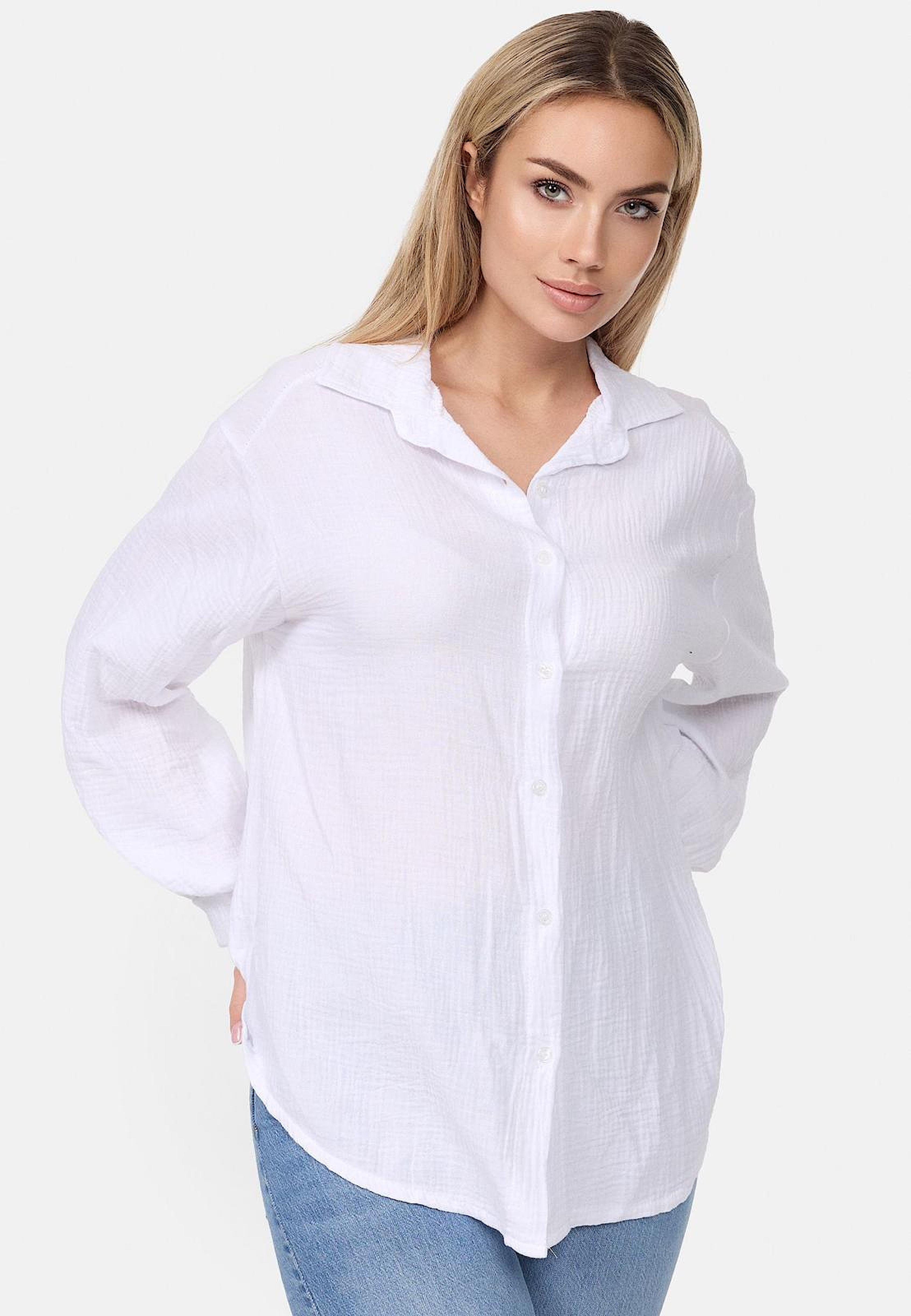 Worldclassca Hemdbluse Worldclassca Musselin Bluse Tunika Sommer Langarm Oberteil Einfarbig Neue Kollektion - Stilvolle und gemütliche Mode für Damen