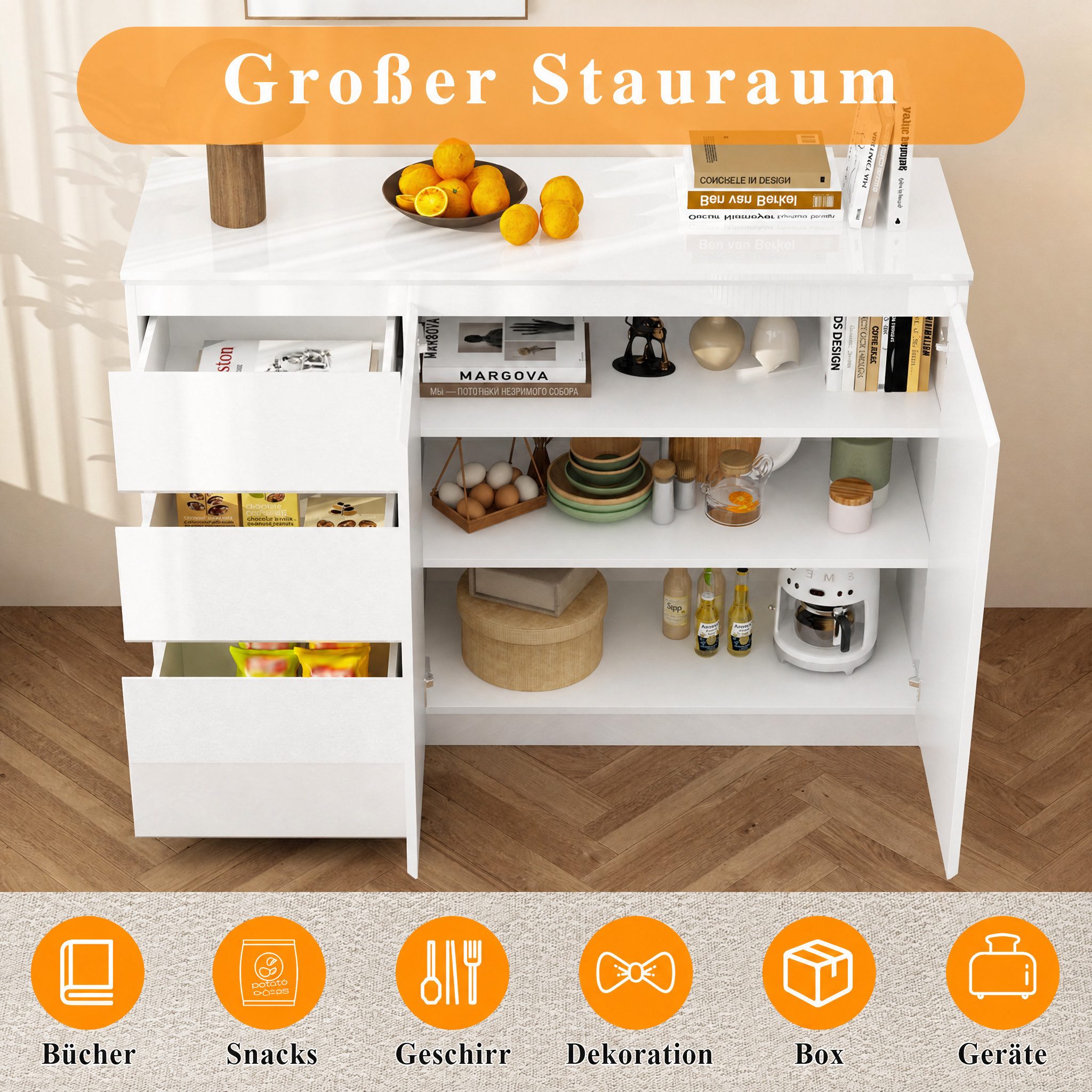 FUFU&GAGA Sideboard Weiß PET Hochglanz LED Kommode grifflos 120 / 155 cm