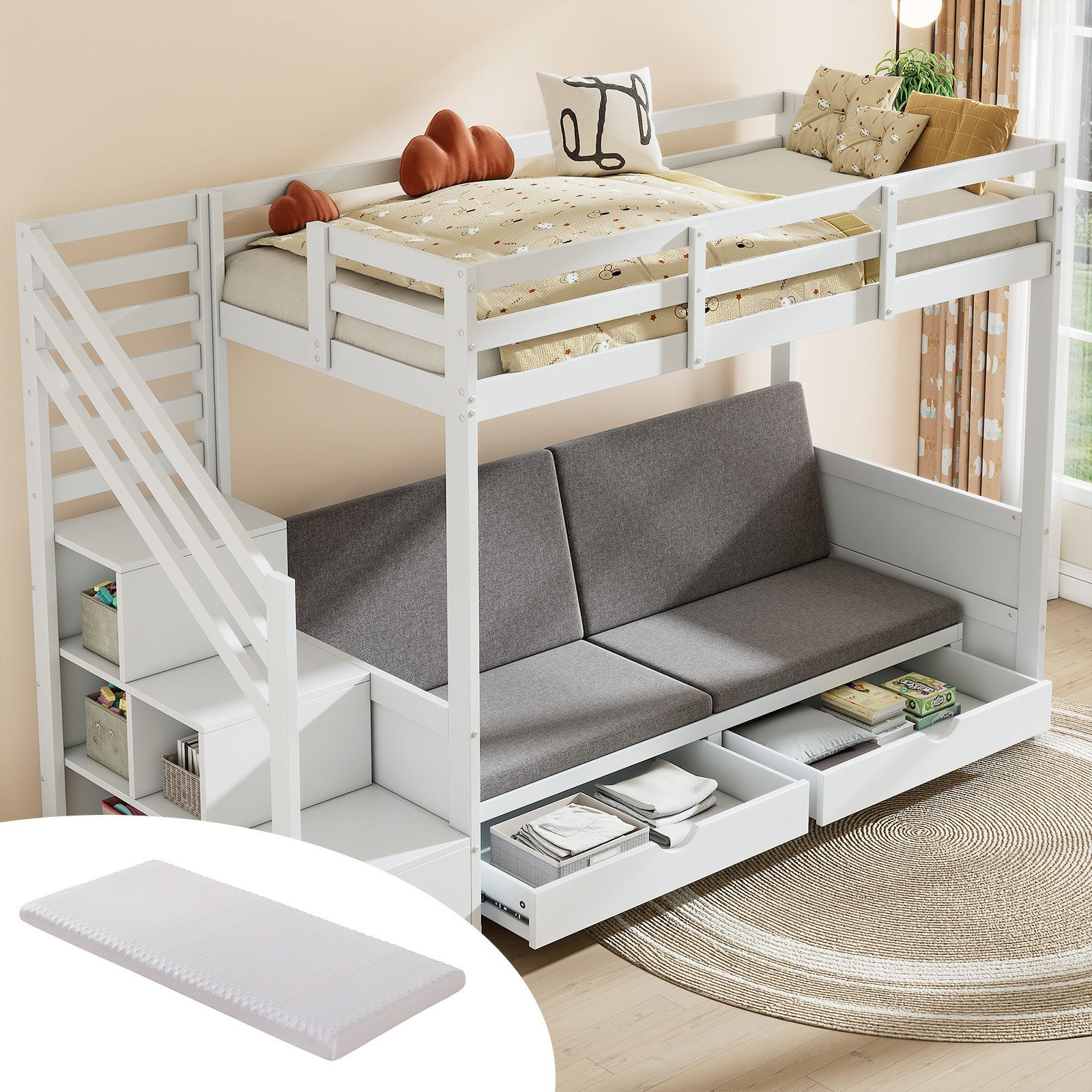 OKWISH Hochbett mit Treppenschrank und 2 günstig online kaufen
