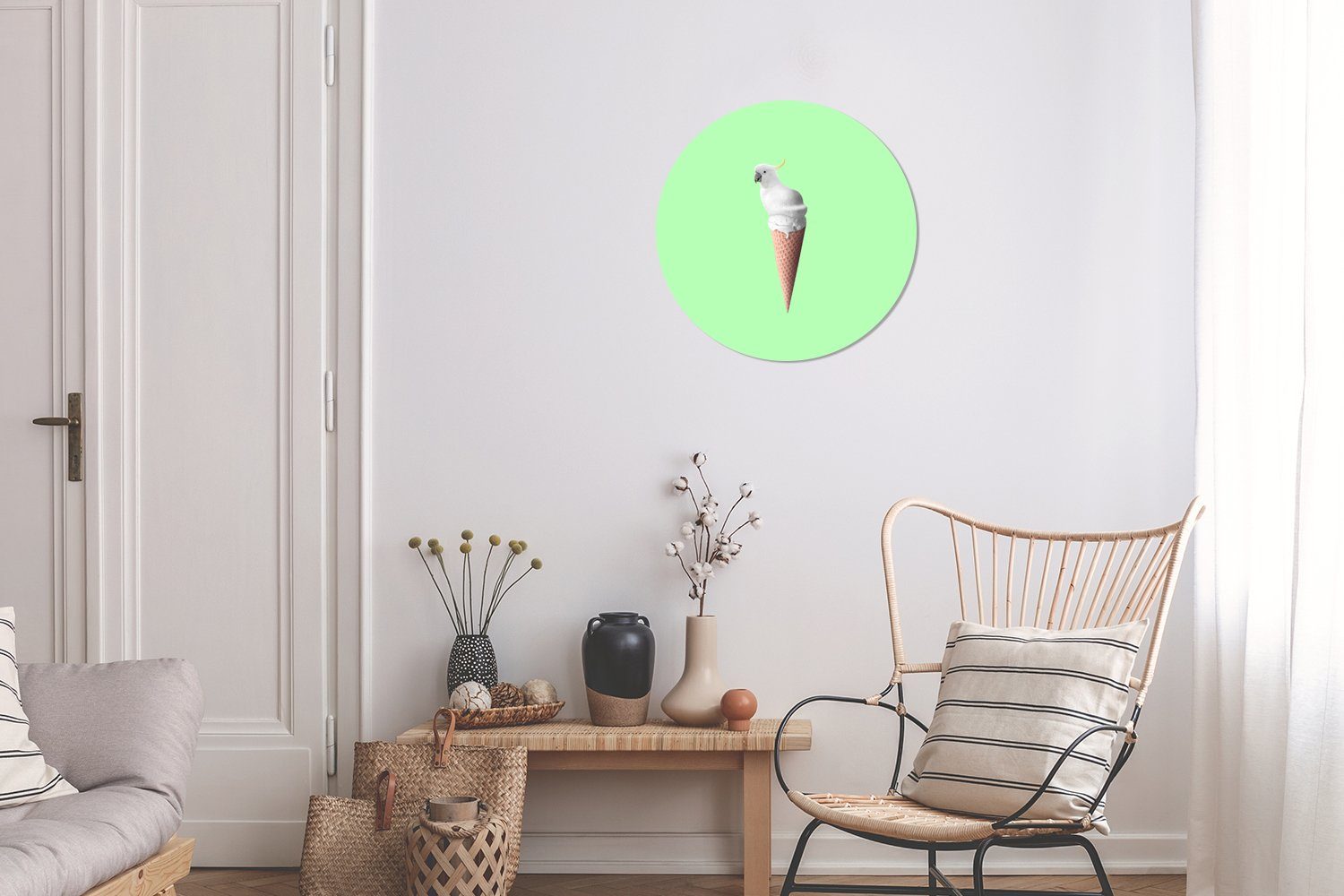 Forex, Papagei Wandbild, St), MuchoWow cm - Wanddekoration 30x30 Kreis - - Grün, Eiscreme - Eistüten Rundes Gemälde Weiß (1 Wohnzimmer,