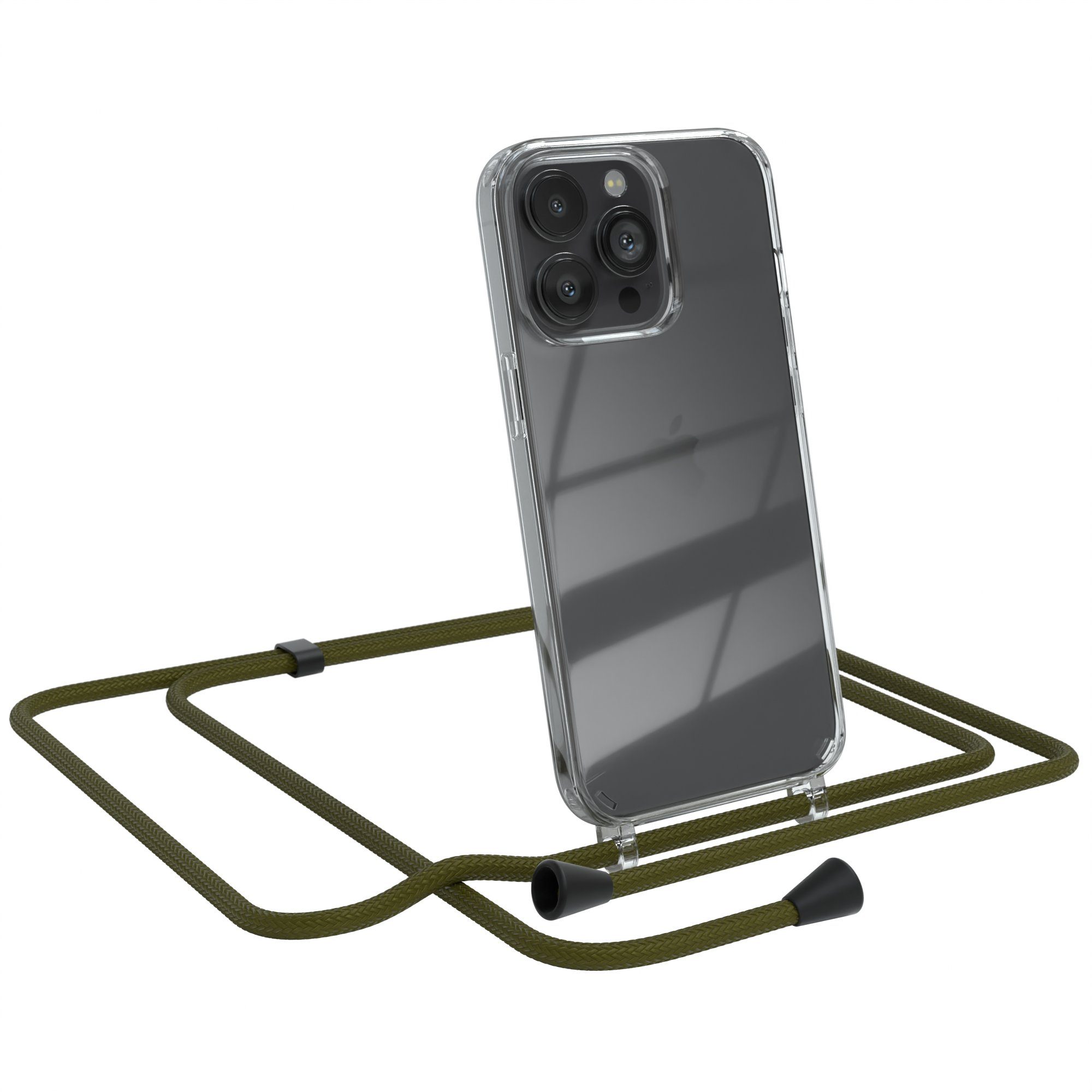 EAZY CASE Handykette Kette Clips Schwarz für Apple iPhone 13 Pro 6,1 Zoll, Handykette mit Band Cross Bag für Mann und Frau Festivalbag Olive Grün