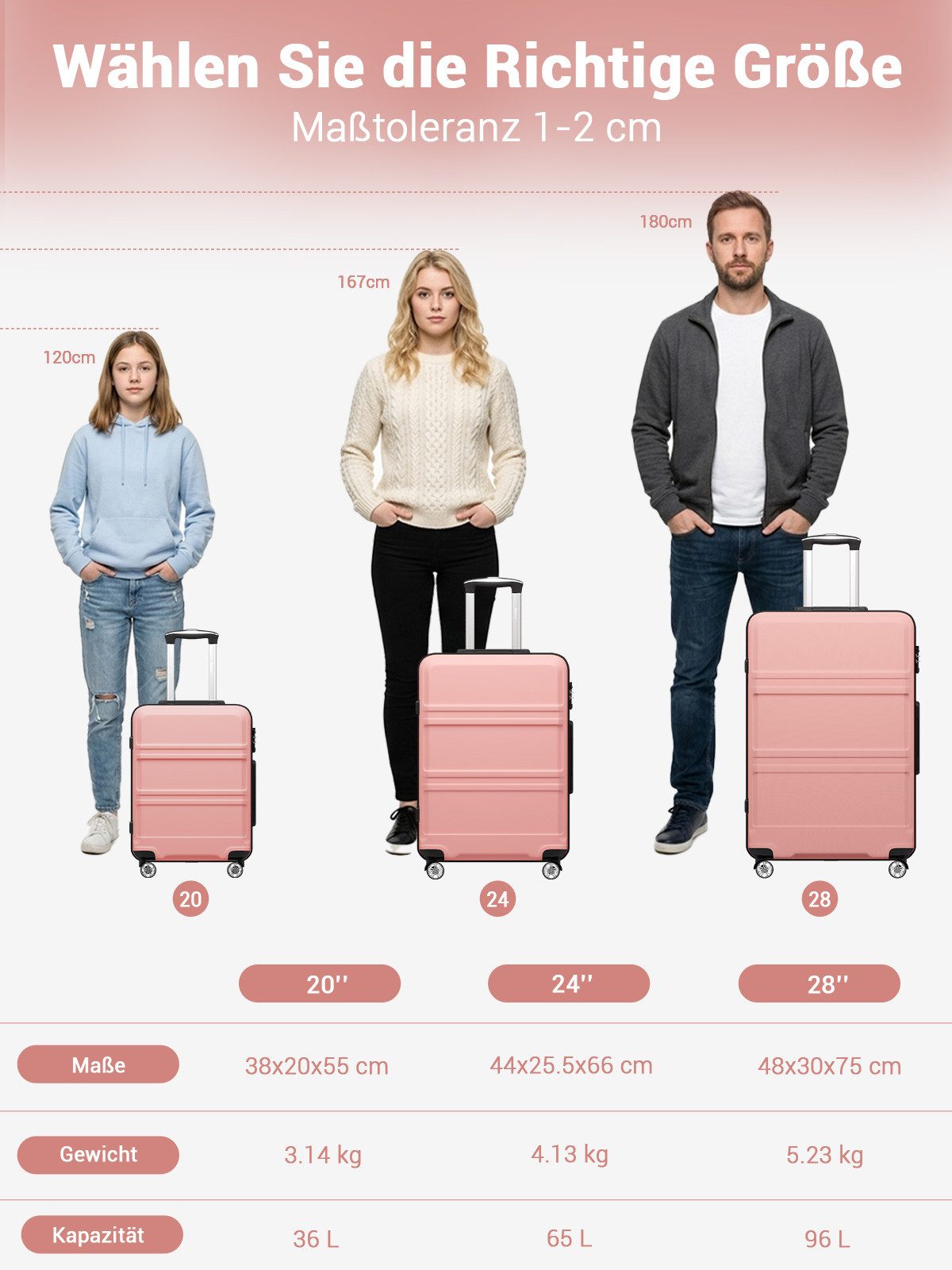 KONO Handgepäckkoffer - NUR 15 Zoll mit abnehmbaren Rollen, Leichter Kabinenkoffer (ABS+PC)