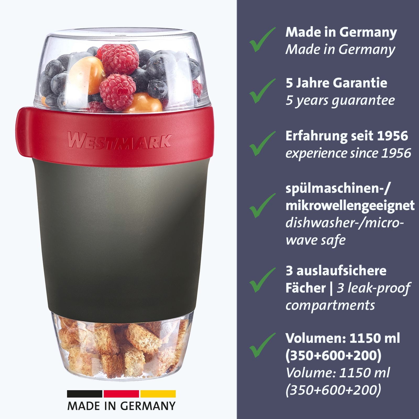 WESTMARK Mehrwegbecher, Kunststoff, (1-tlg), Müsli-, Lunchbehälter, To Go, 200 + 600 + 350 ml, Made in Germany