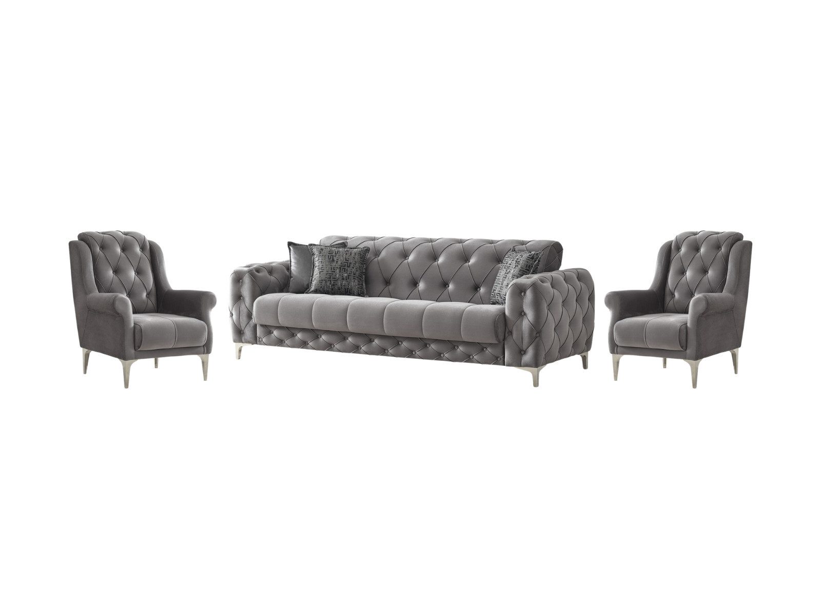 Villa Möbel Polstergarnitur Acelya, (3-tlg. Set, Set besteht aus: 3-Sitzer + Sessel + Sessel), Grau Sofa Set mit Schlaffunktion durch aufklappbare Sitzfläche