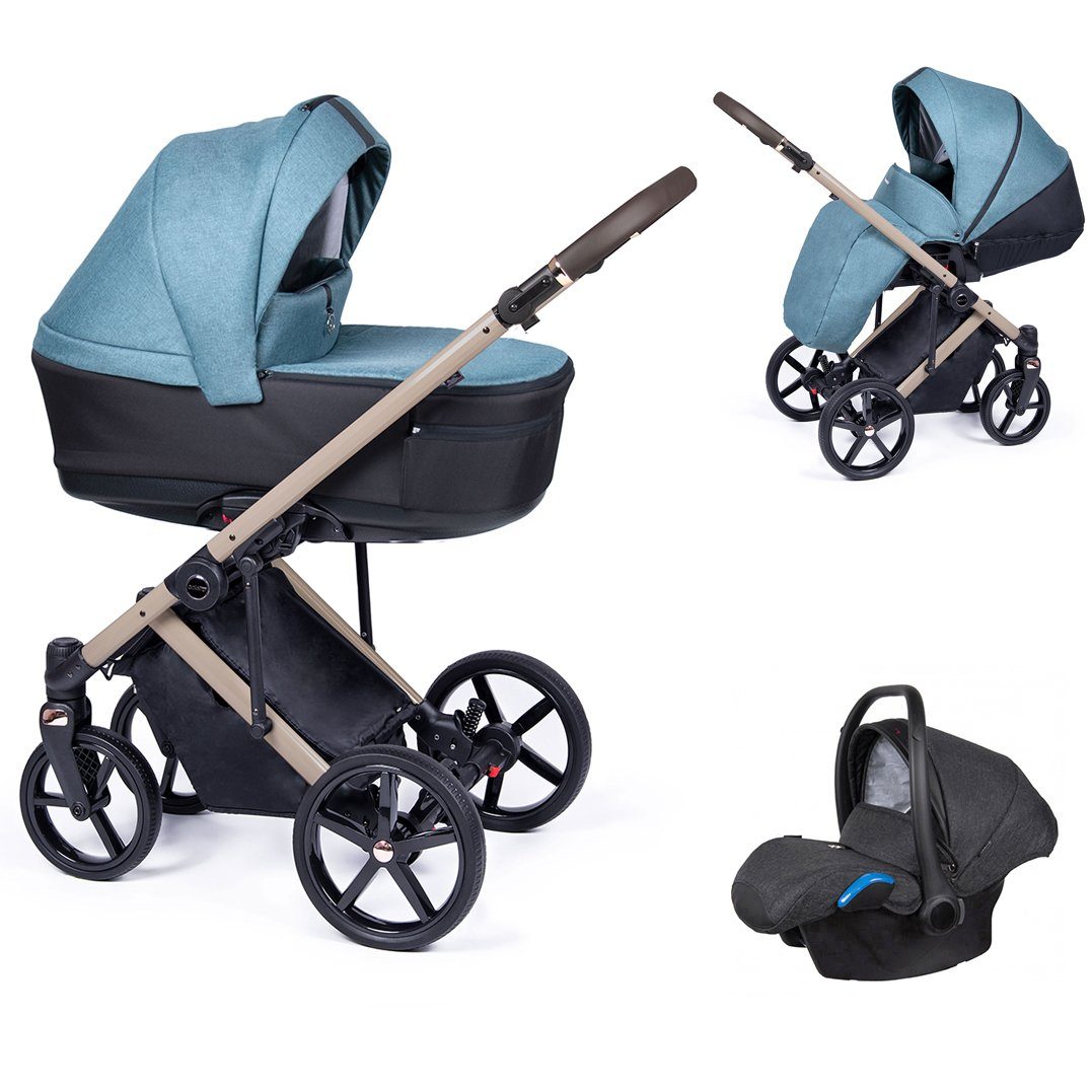 babies-on-wheels Kombi-Kinderwagen 3 in 1 Kinderwagen-Set Fado - 15 Teile - in 24 Designs Türkis = Gestell beige