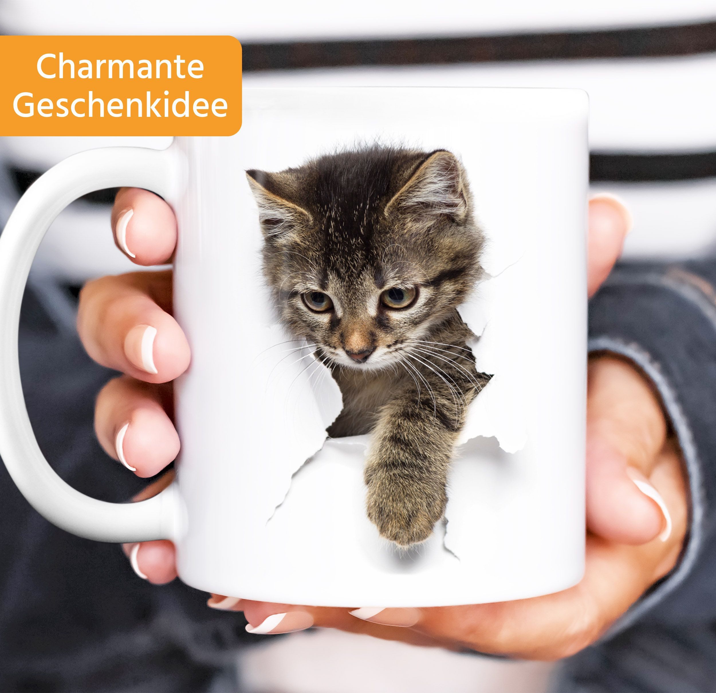 MoonWorks Tasse Tasse 3D Effekt Katze Durchbruch-Optik Bürotasse lustige Kaffeebecher, Keramik – Bild 2 von 5