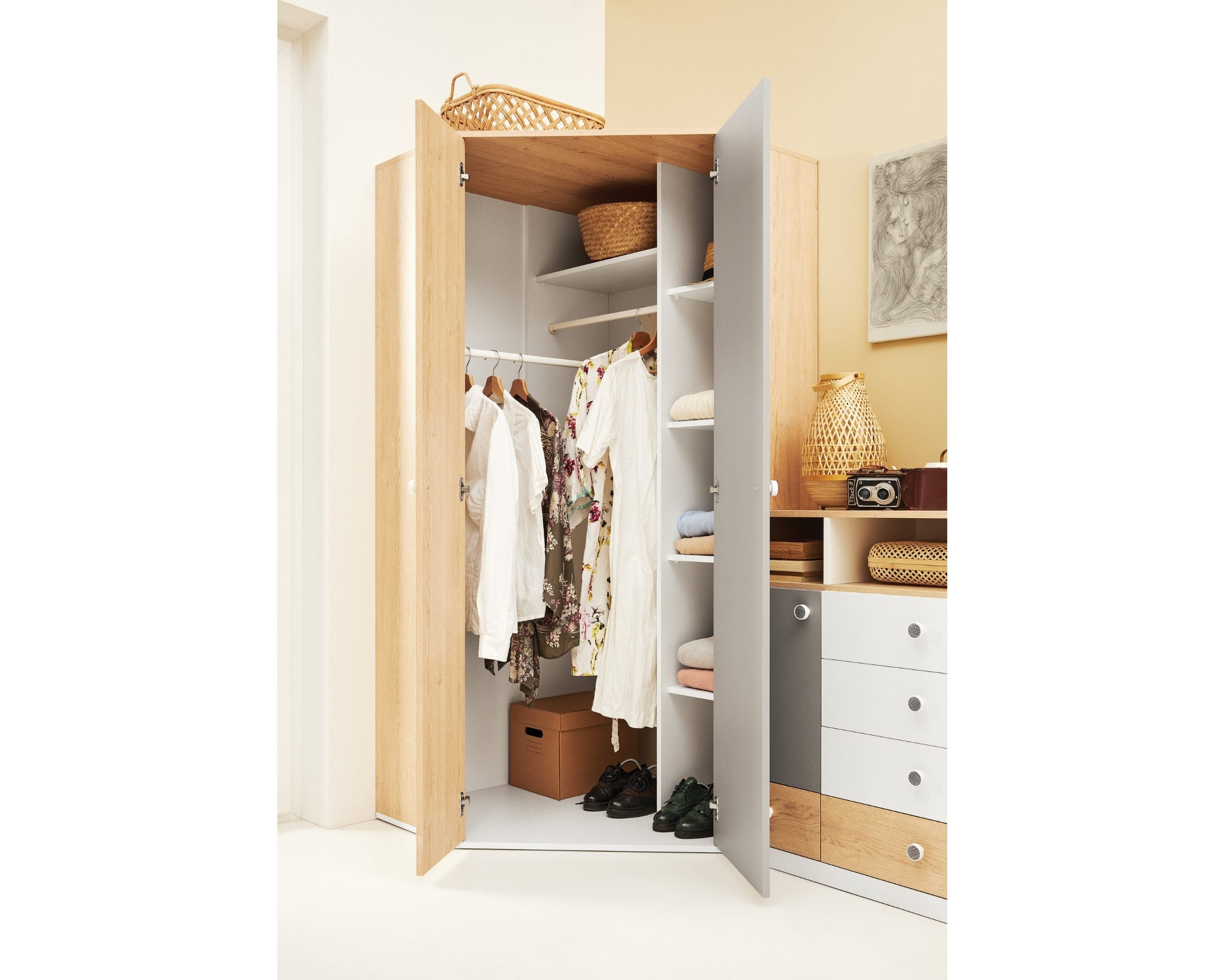 Deine Möbel 24 Eckschrank POKO 02 90 / 190 / 90 cm [B/H/T] in Biskuiteiche / Weiß Lux / Grau