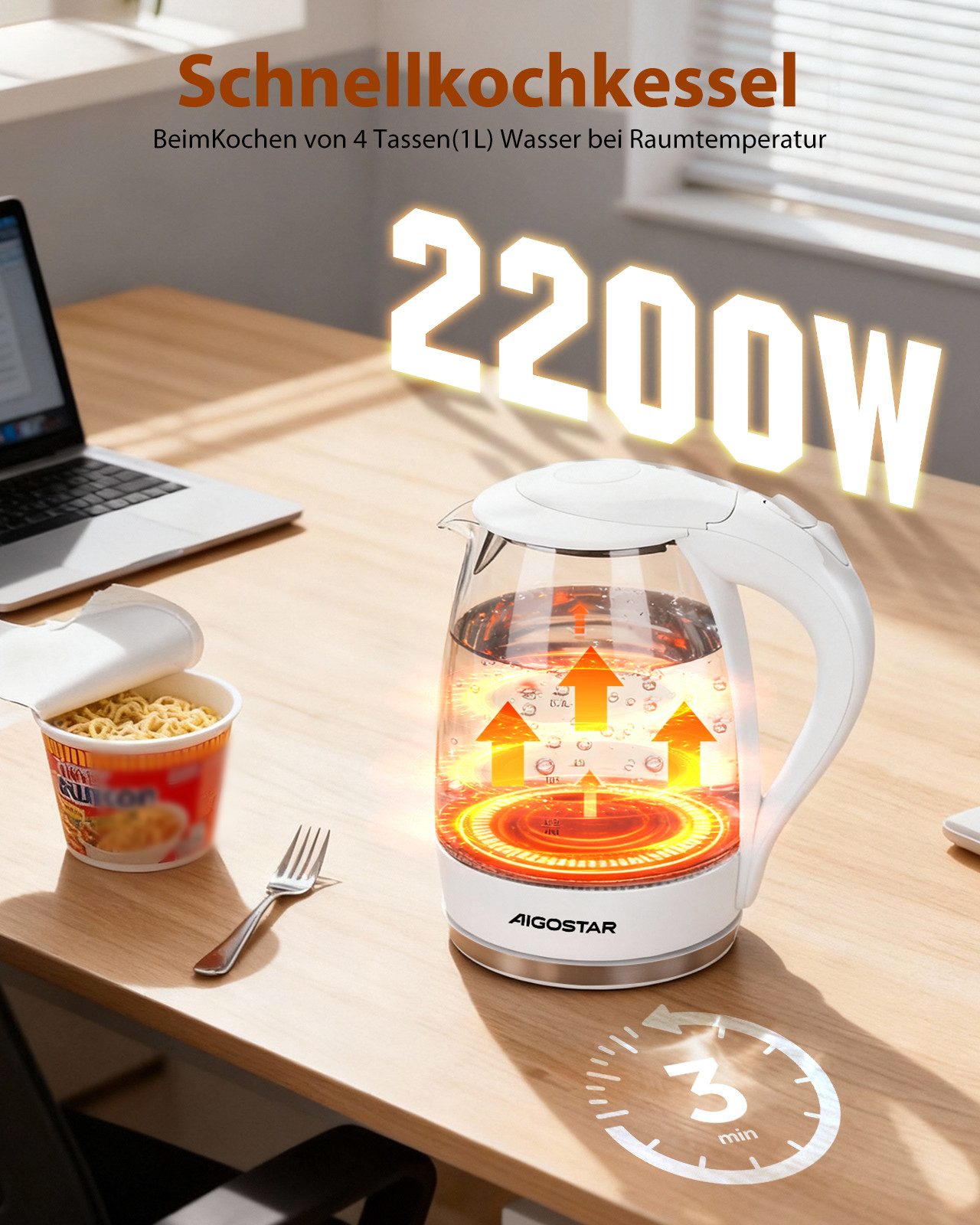 Aigostar Wasserkocher 2200W 1,7L Glaswasserkocher mit Kalkfilter, LED Beleuchtung, Weiß, 1.7 l, 2200,00 W, 360° Basis, Abschaltautomatik, Trockenschutz, Edelstahl Heizelement