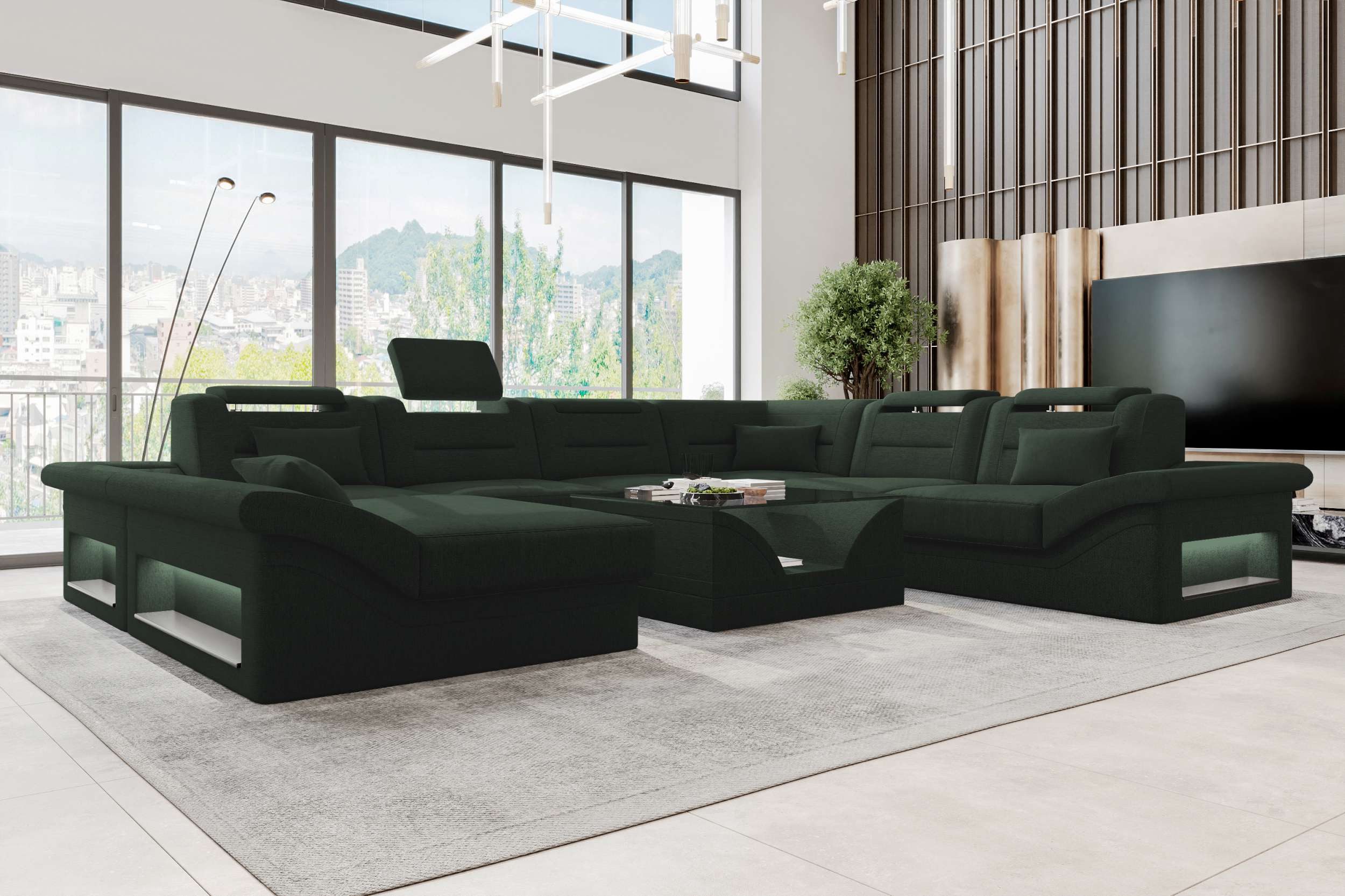 Sofa Dreams Wohnlandschaft XXL Wohnlandschaft Enzo U-Form in Stoff, Wohnlandschaft, U-Form, Polster Couch in U-Form mit LED, 2 Zierkissen inklusive
