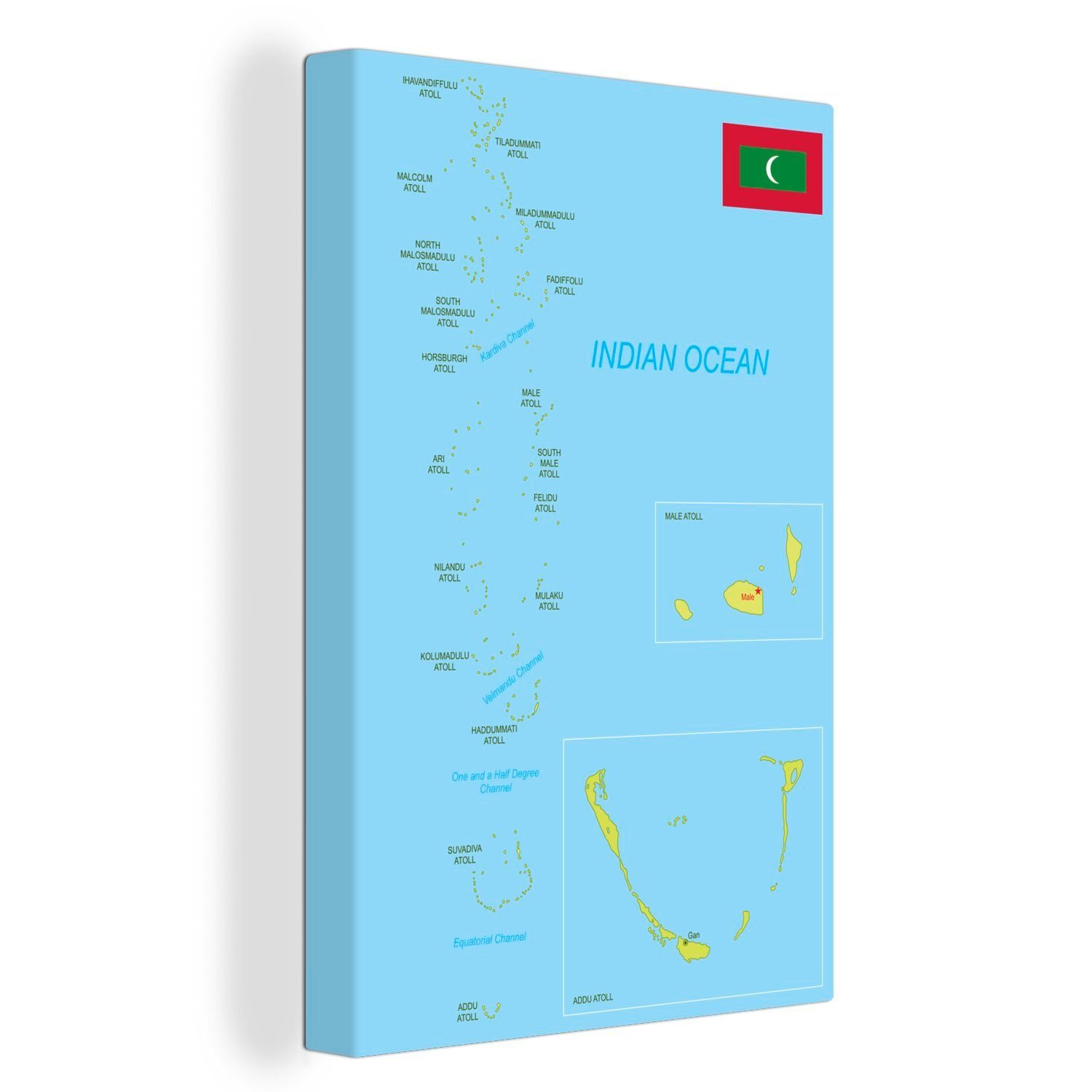 20x30 der Leinwandbild cm inkl. Gemälde, Zackenaufhänger, fertig St), Leinwandbild Karte (1 Malediven, einer Illustration bespannt OneMillionCanvasses®