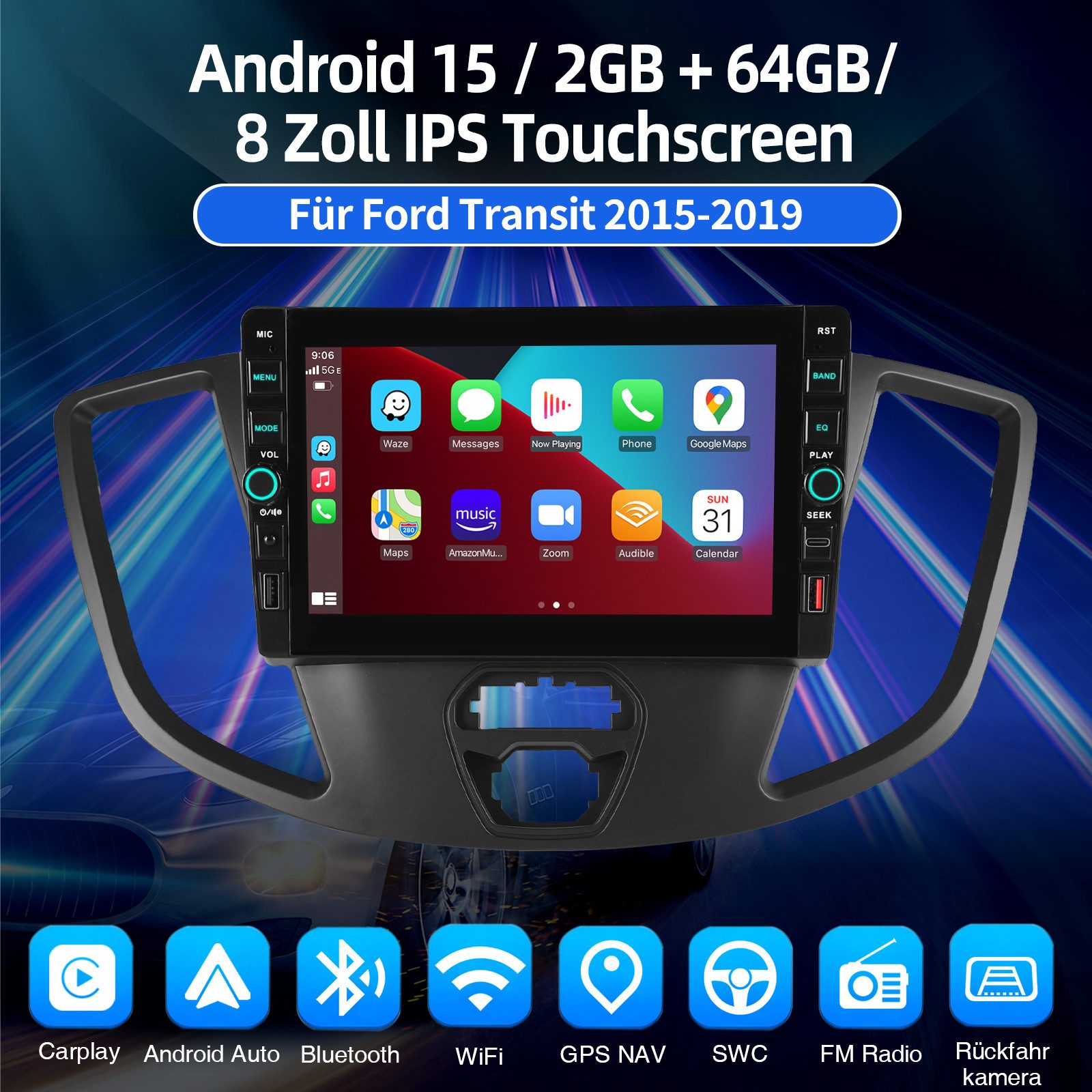 ESSGOO Für Ford Transit 15-19 Android 15 Autoradio GPS Navi Carplay BT USB FM Autoradio (RDS, 4+64GB(optional), Digitalradio (DAB), FM)