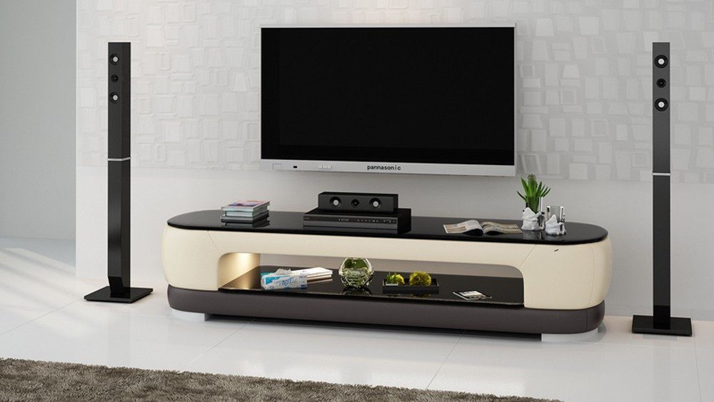 Lowboard Designer TV-Schrank aus Leder und Glas in Weiß und Schwarz