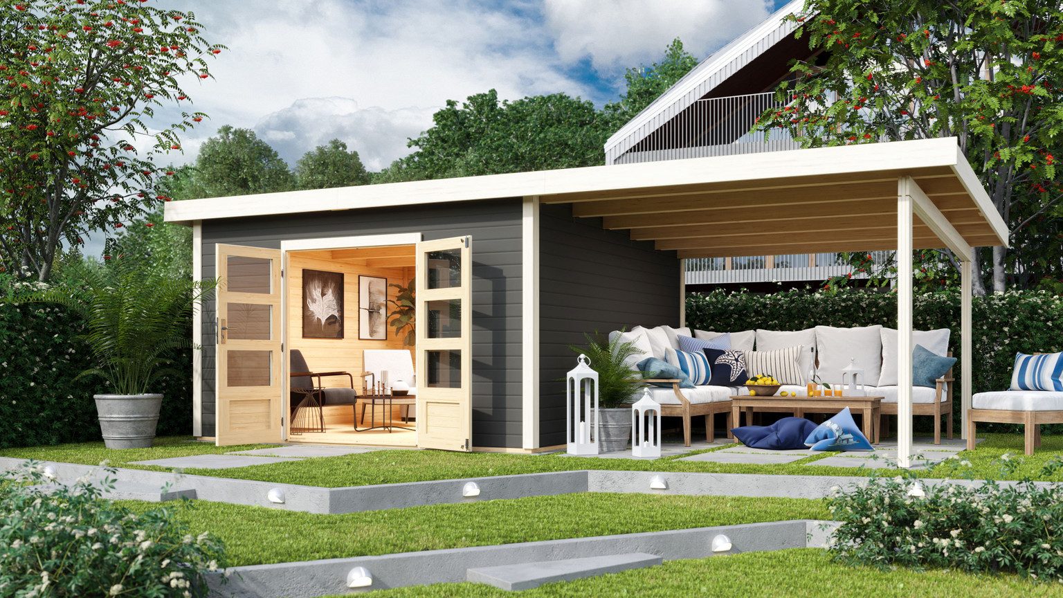 Karibu Gartenhaus Karibu Gartenhaus Northeim, 38 mm, 724 x 393 cm, Typ 5, terragrau, inkl. 3,3 m Anbaudach