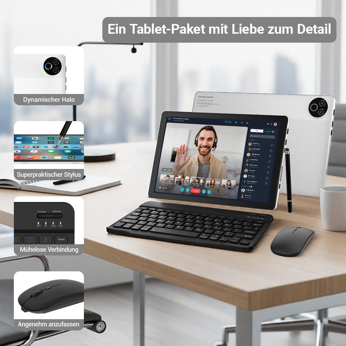 Happybe 10’’ HD Android 15, 20(3+17)GB RAM, 64GB, WiFi6 mit Tastatur und Stift Tablet (10", 64 GB, Android, WiFi6, Großbs Display Tablet mit Stift, Tastatur und Maus, Widevine L1)