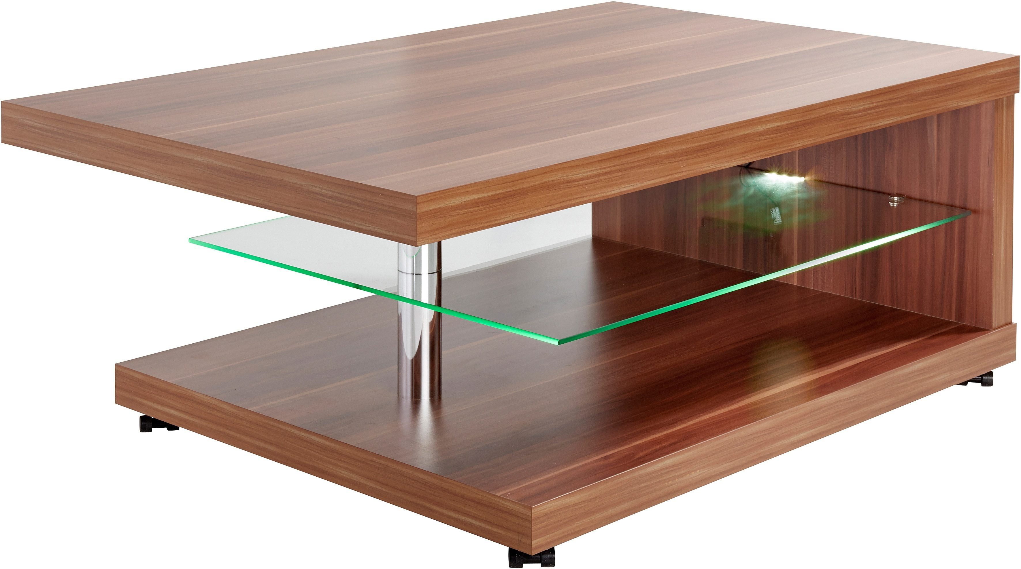 PRO Line Couchtisch, aus Ablageboden Holz, Glas, aus mit Rollen, mit walnuss rechteckig