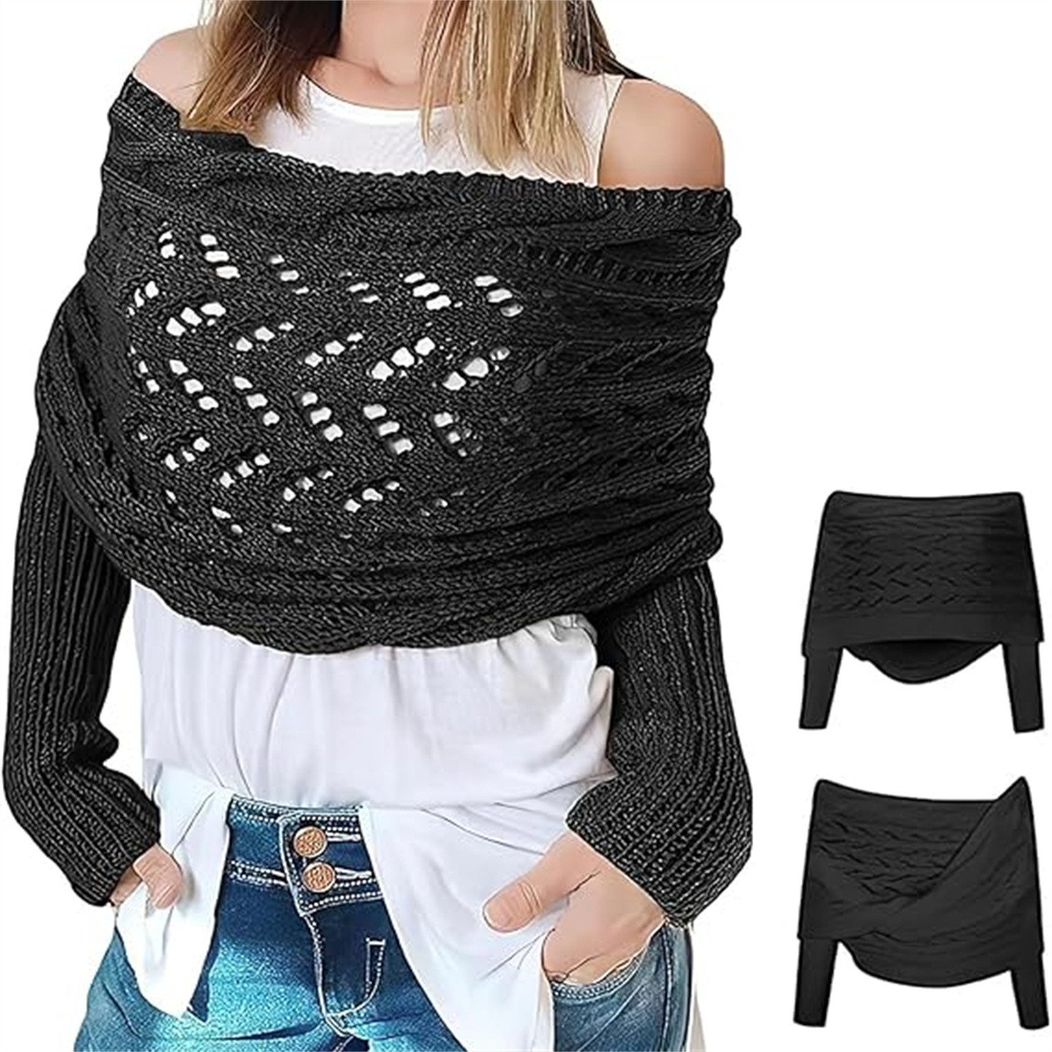 autolock Strickponcho Multifunktionaler Schal mit Ärmeln,Gestrickter Zopf-Wickel