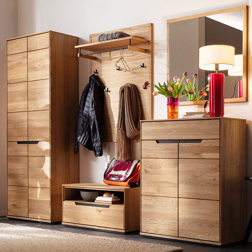 Lomadox Garderoben-Set AVESTA-06, (Spar-Set, 5-St., Garderobenbank Paneel Garderobenschrank Spiegel Schuhschrank), in Eiche teilmassiv, grifflos