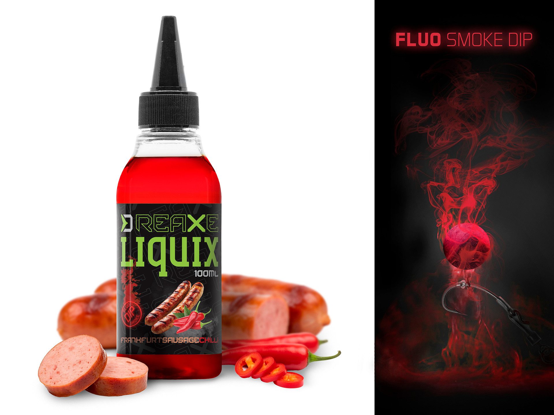 Kunstköder Fluo dip D SNAX LiquiX 100ml / Frankfurter Wurst – Chili / Köder