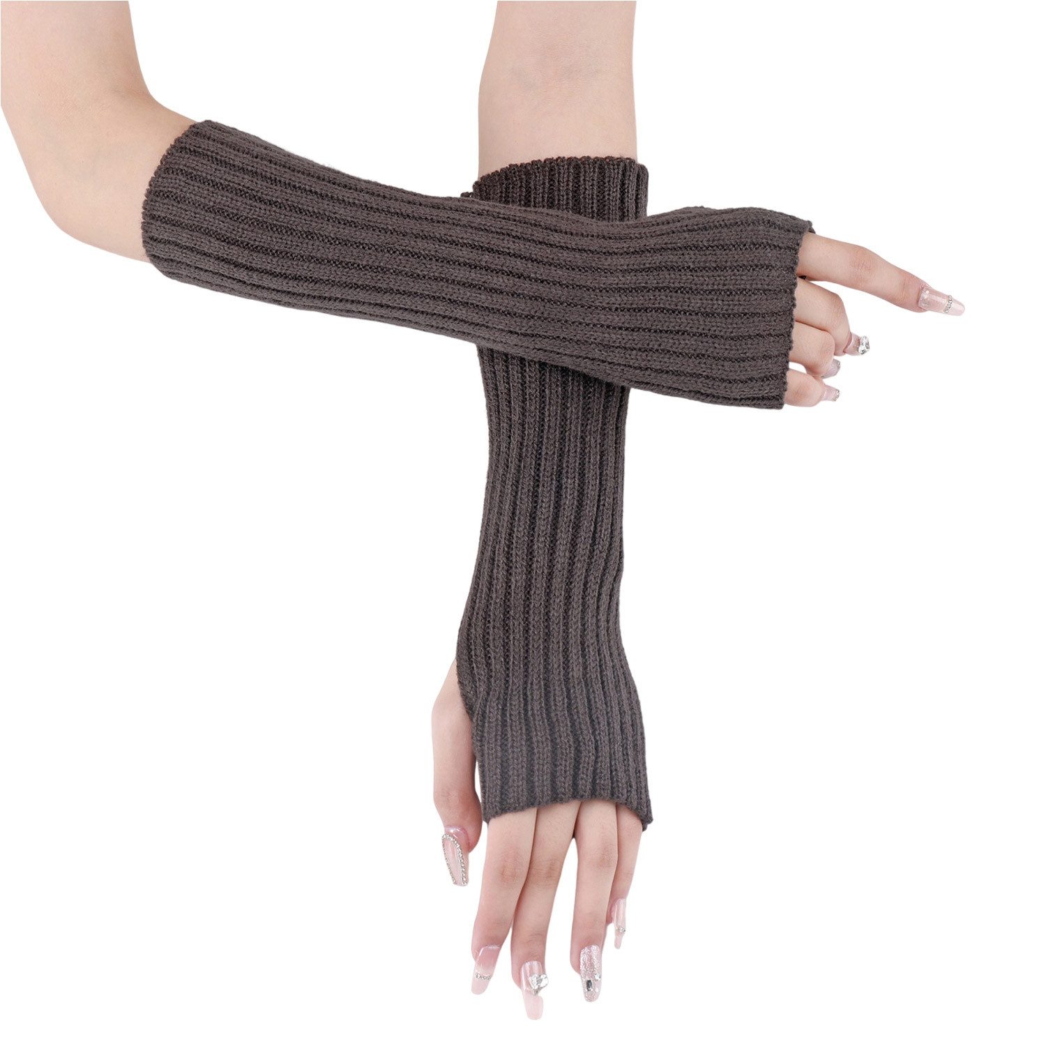 Lange Armstulpen, Fingerlos, Gestrickt, Mit Daumenloch, Dehnbare Handschuhe, Winter, Wärmeschutz Für Damen, Mädchen, 1 Paar, 30 Cm, Weiß